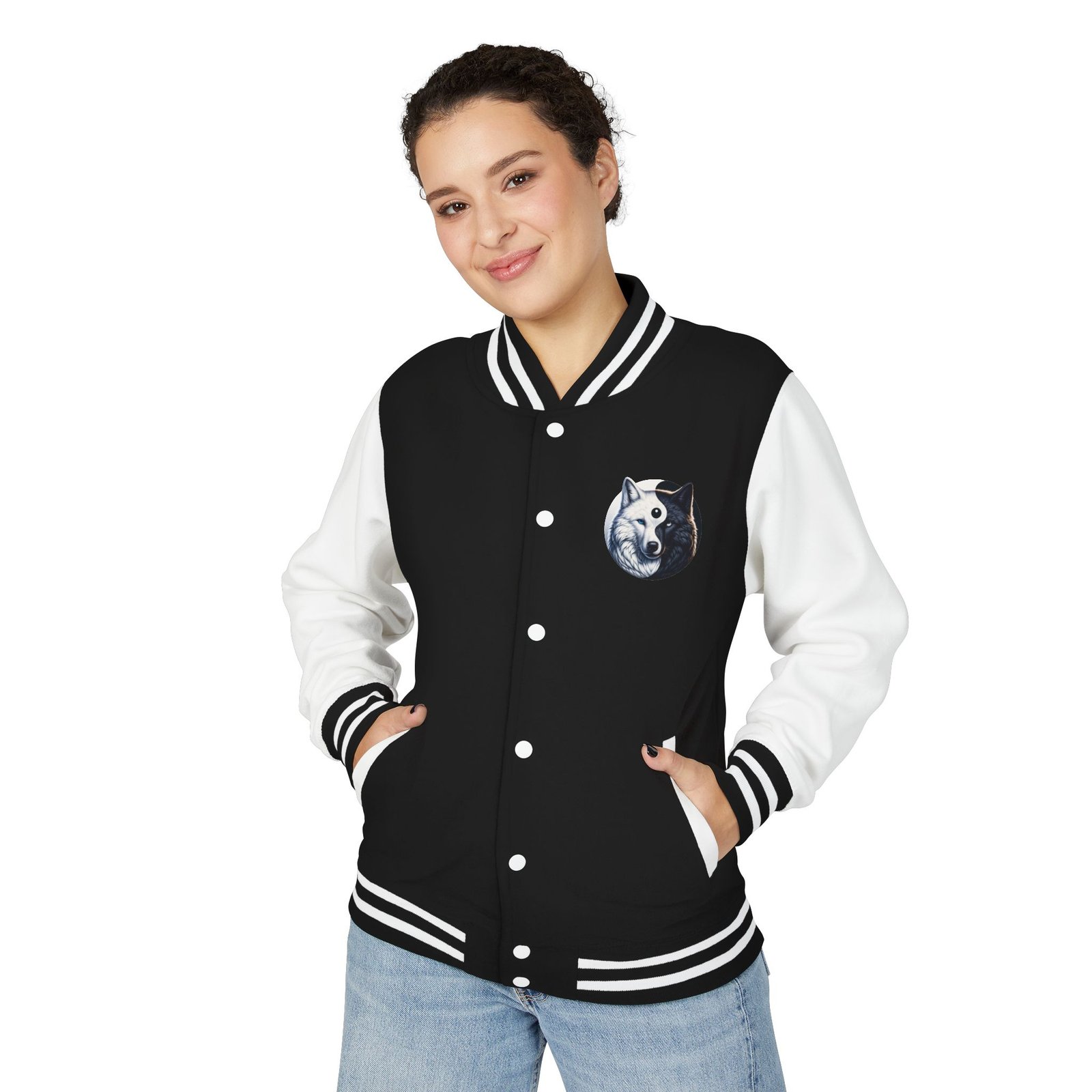 Yin-Yang Wolf Varsity Jacket, Unisex Letterman Coat, Symbolic Wolf Design, Balance Yin Yang Jacket, Streetwear Style, Black and White - Image 4