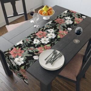 Table Runner, Festive Holiday Botanical Cotton Twill Dining Decor for Christmas, Thanksgiving, Year-Round Use - Poinsettias, Berries, Winter