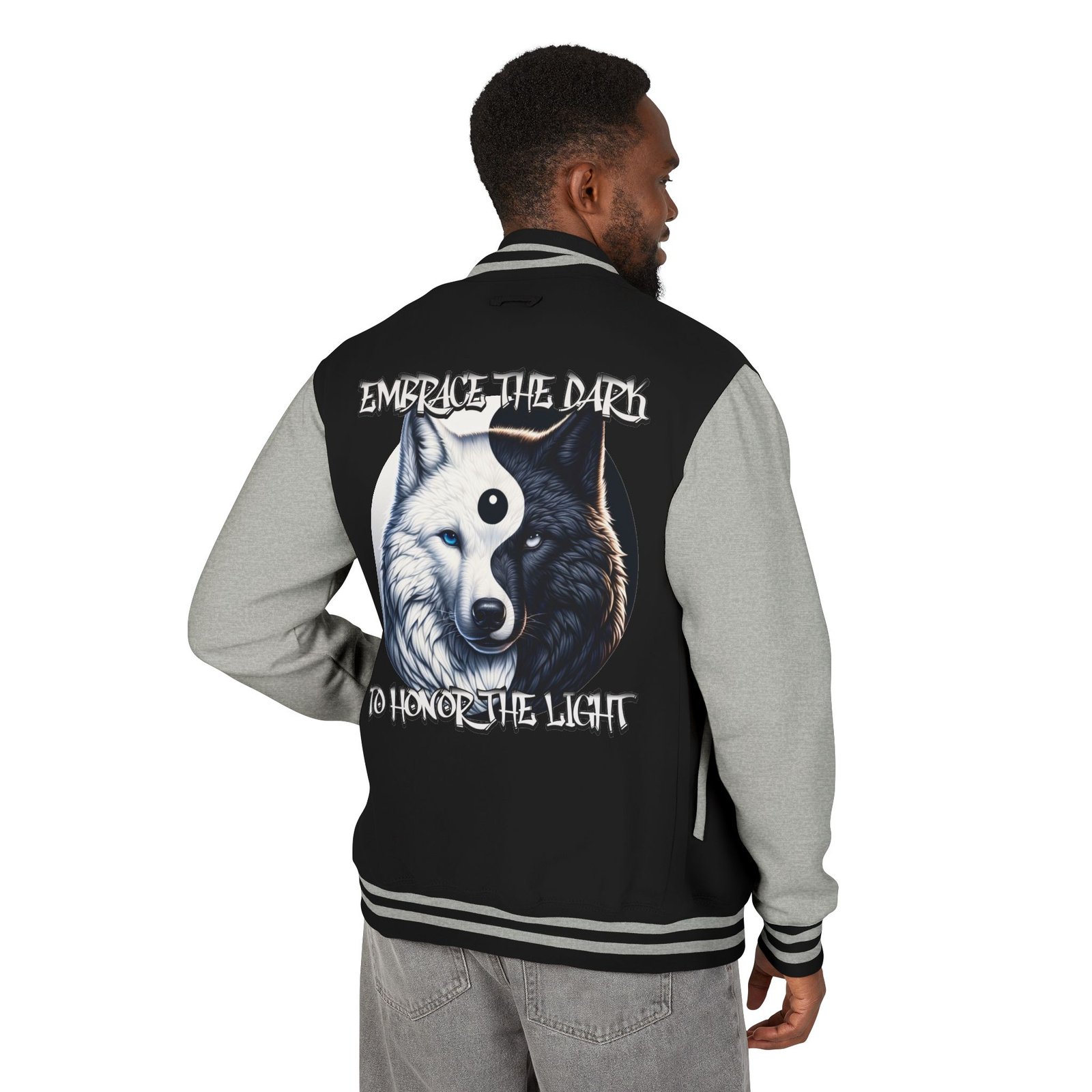 Yin-Yang Wolf Varsity Jacket, Unisex Letterman Coat, Symbolic Wolf Design, Balance Yin Yang Jacket, Streetwear Style, Black and White - Image 17