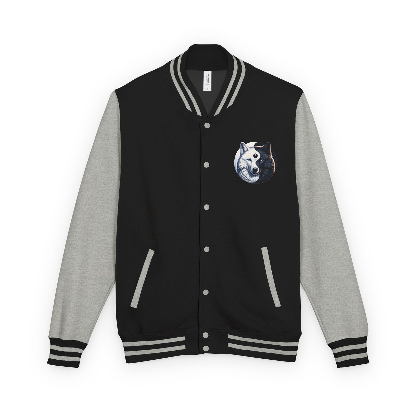 Yin-Yang Wolf Varsity Jacket, Unisex Letterman Coat, Symbolic Wolf Design, Balance Yin Yang Jacket, Streetwear Style, Black and White - Image 10