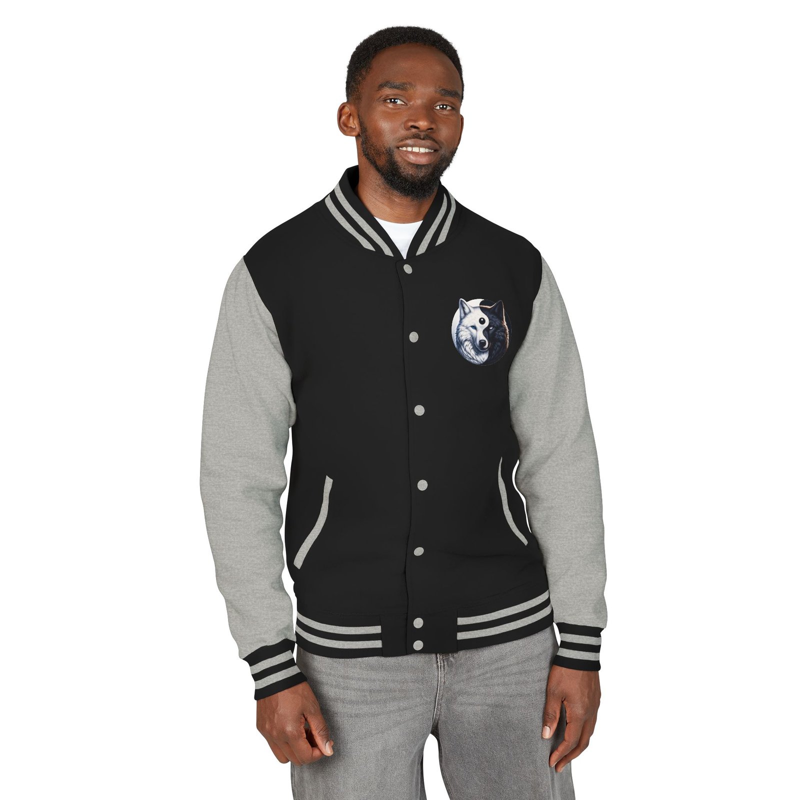 Yin-Yang Wolf Varsity Jacket, Unisex Letterman Coat, Symbolic Wolf Design, Balance Yin Yang Jacket, Streetwear Style, Black and White - Image 14
