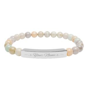 Gemstone Stretch Bracelet, Personalized Identity Jewelry, Engraved Beaded Bangle, Customizable Natural Stone Talisman, Healing Crystal Gift