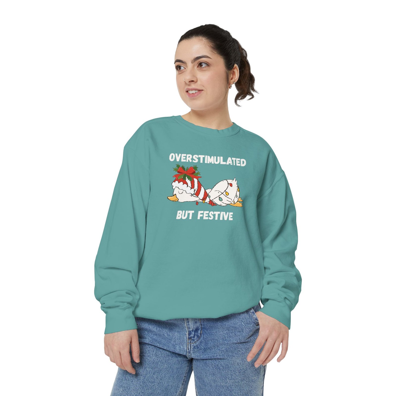 Overstimulated but Festive Crewneck Sweatshirt, Christmas Critters Wrapped in Lights - Image 45