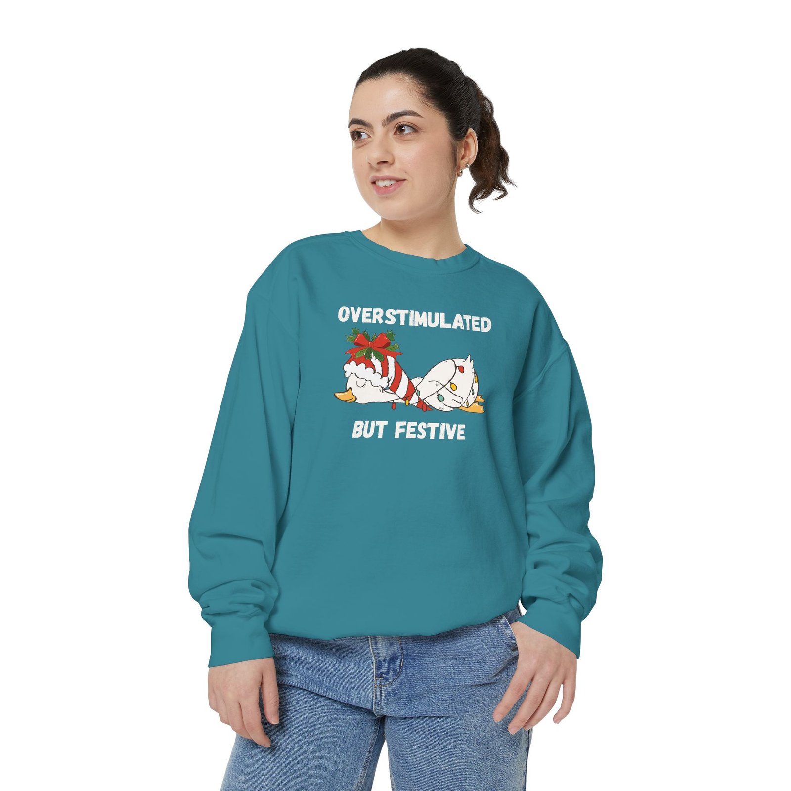 Overstimulated but Festive Crewneck Sweatshirt, Christmas Critters Wrapped in Lights - Image 50