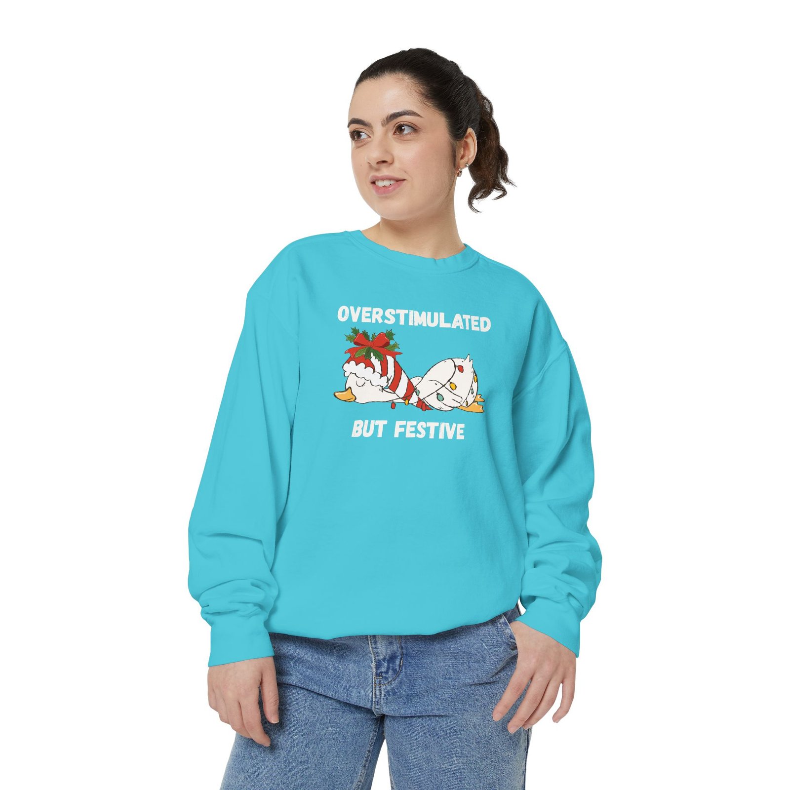 Overstimulated but Festive Crewneck Sweatshirt, Christmas Critters Wrapped in Lights - Image 55