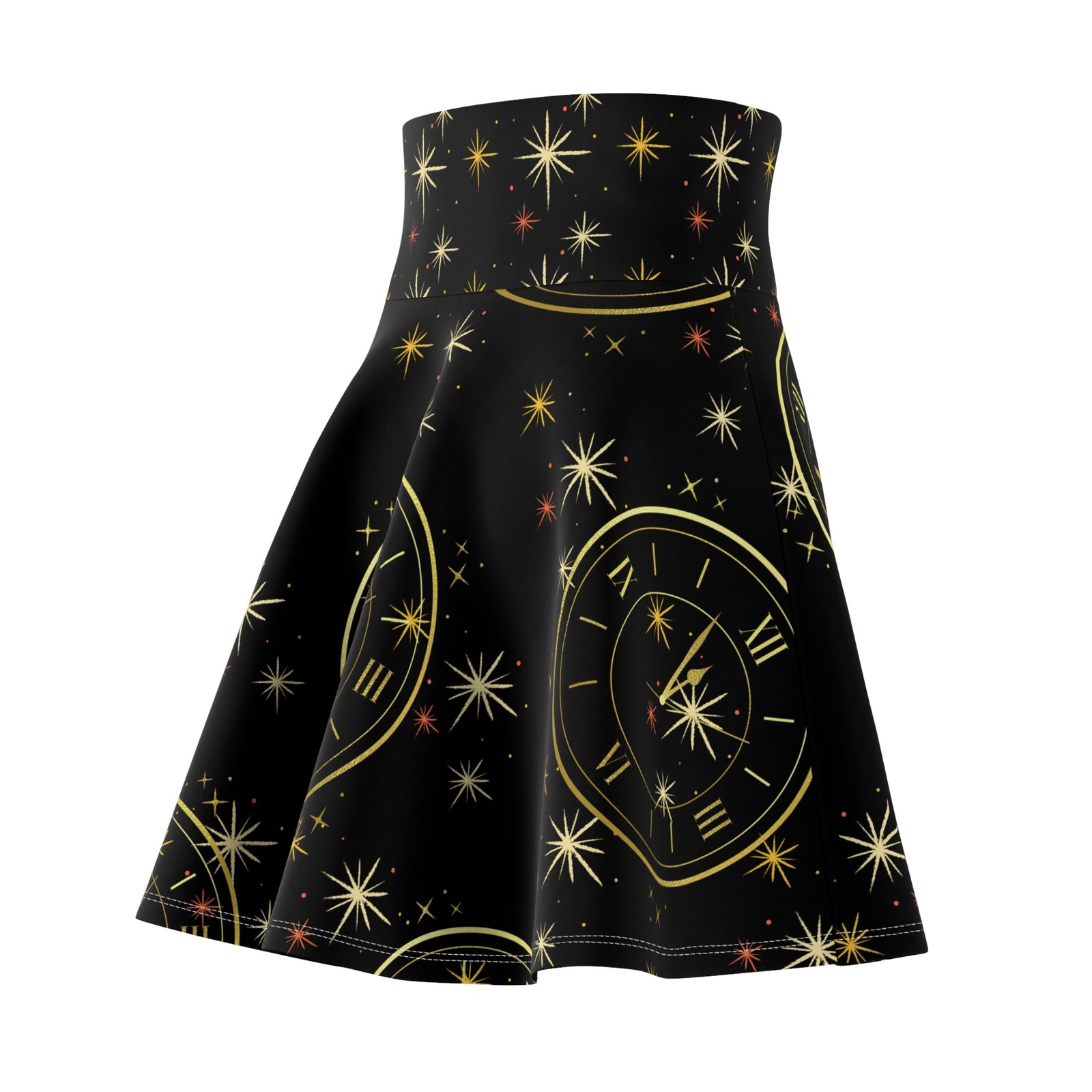 New Year Countdown Clock Skater Skirt | Black Gold Confetti - Image 4