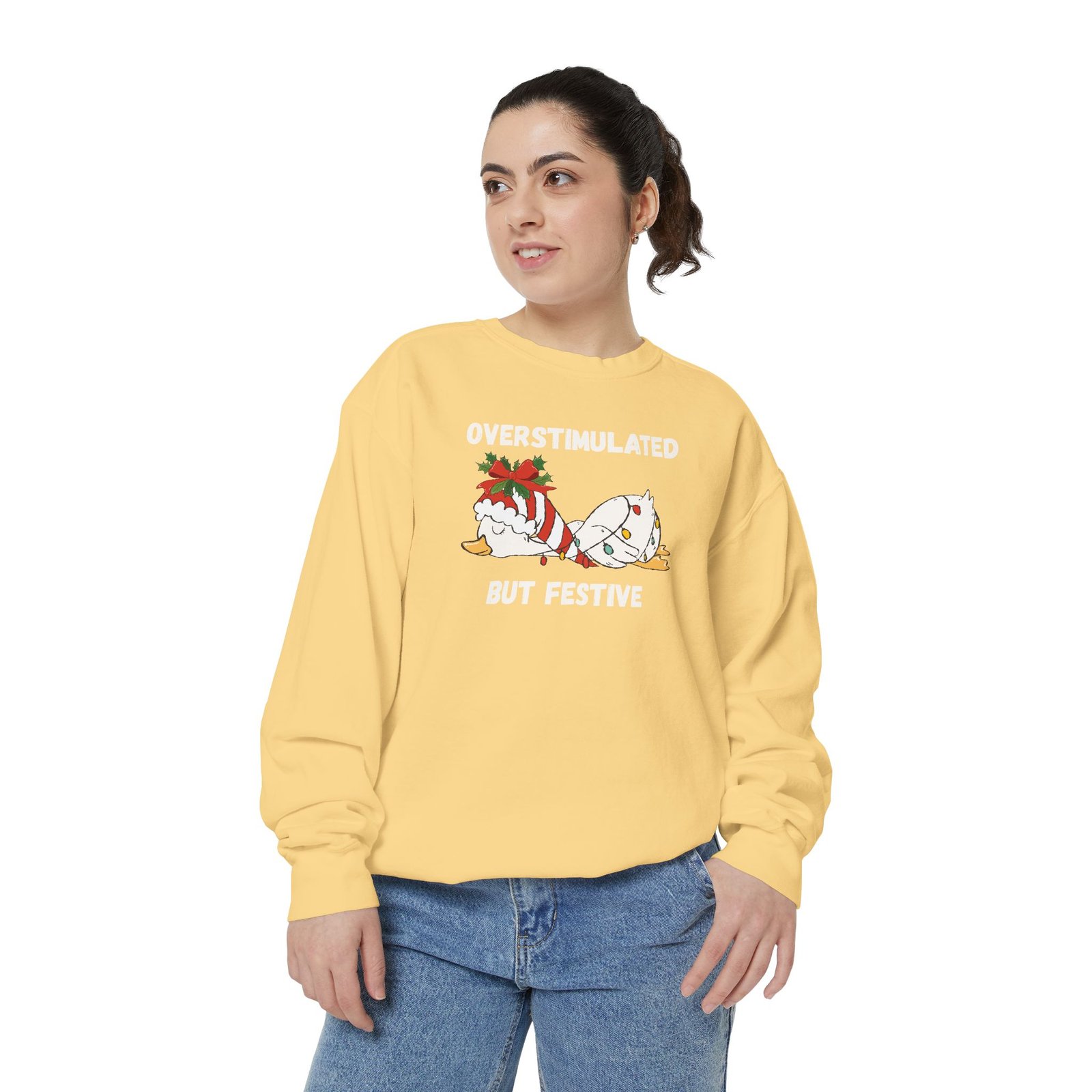 Overstimulated but Festive Crewneck Sweatshirt, Christmas Critters Wrapped in Lights - Image 15