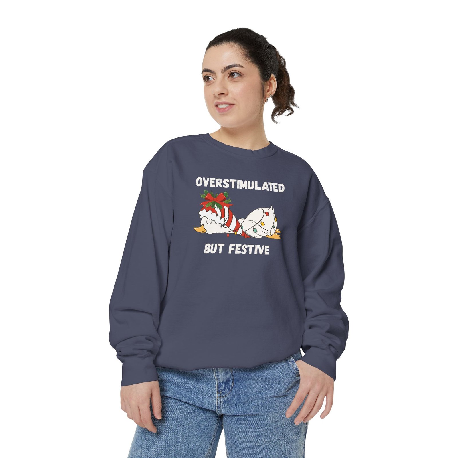 Overstimulated but Festive Crewneck Sweatshirt, Christmas Critters Wrapped in Lights - Image 70