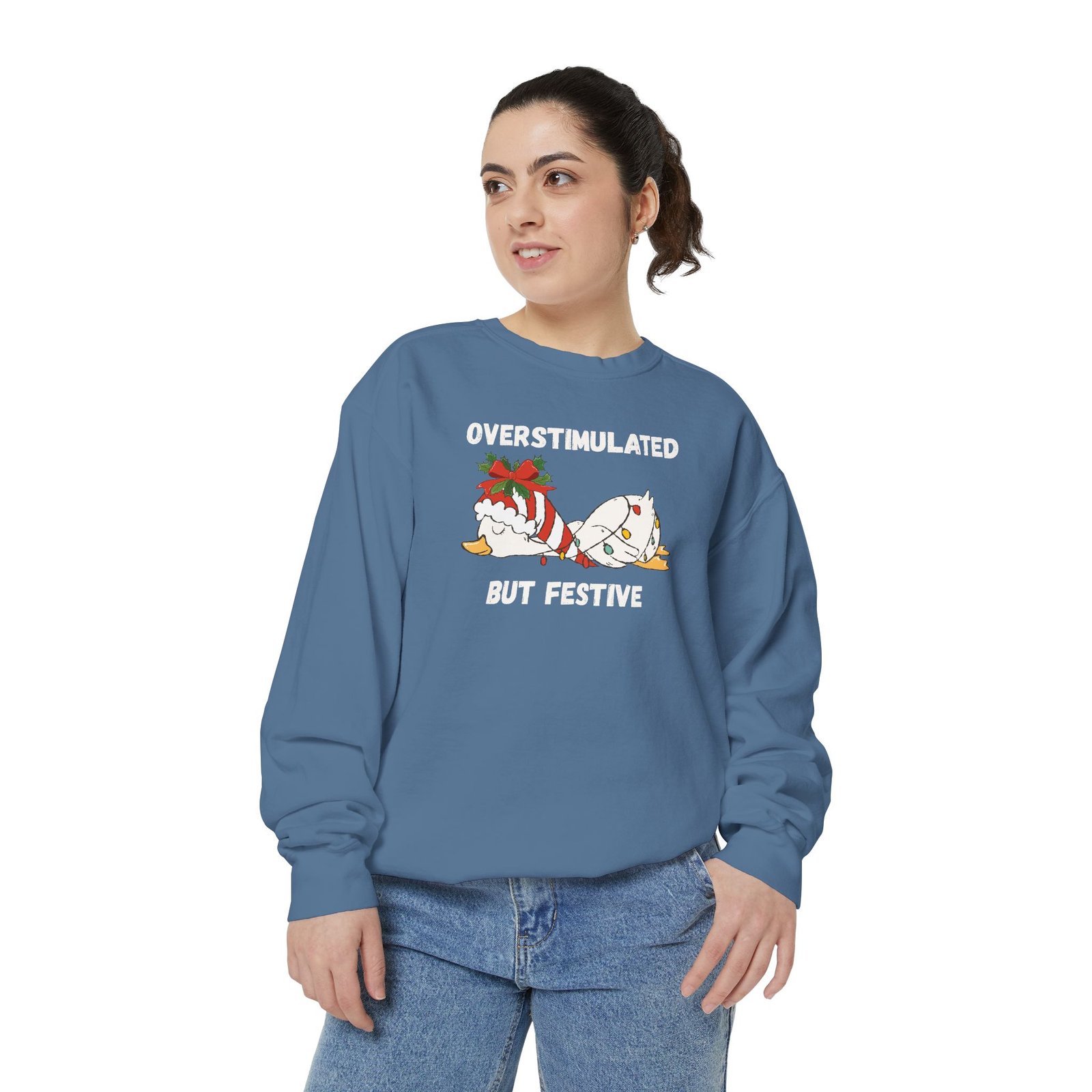 Overstimulated but Festive Crewneck Sweatshirt, Christmas Critters Wrapped in Lights - Image 65