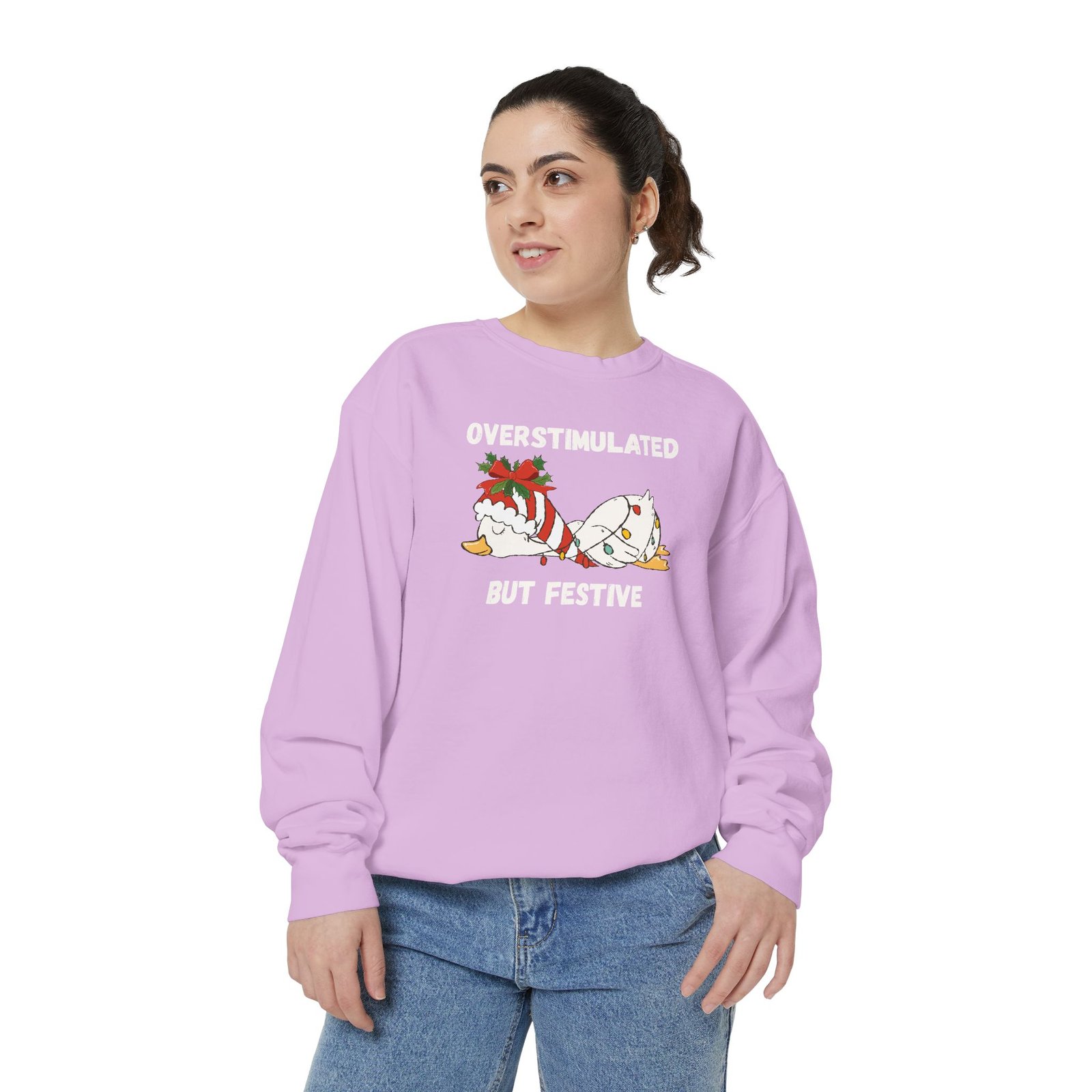 Overstimulated but Festive Crewneck Sweatshirt, Christmas Critters Wrapped in Lights - Image 75