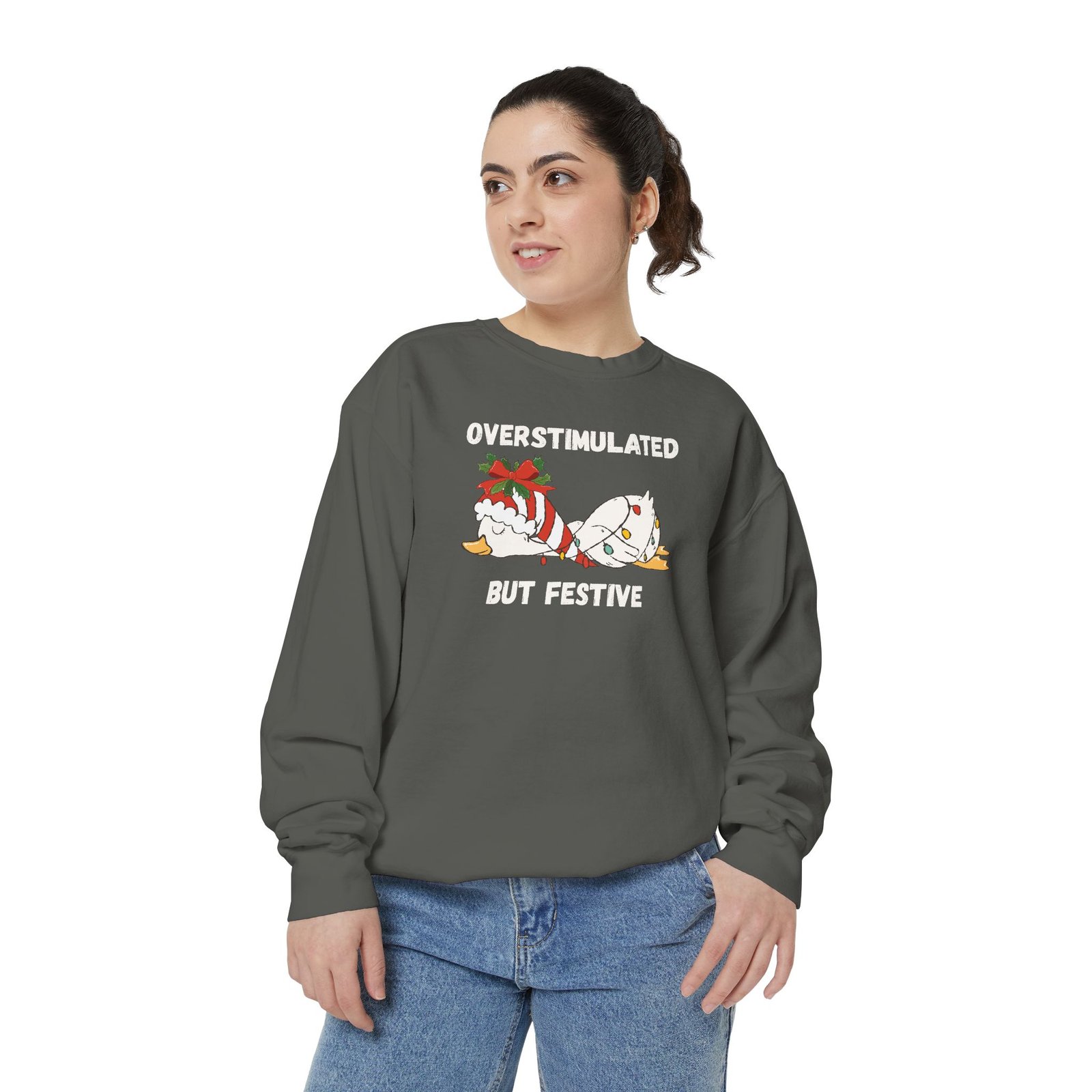Overstimulated but Festive Crewneck Sweatshirt, Christmas Critters Wrapped in Lights - Image 20