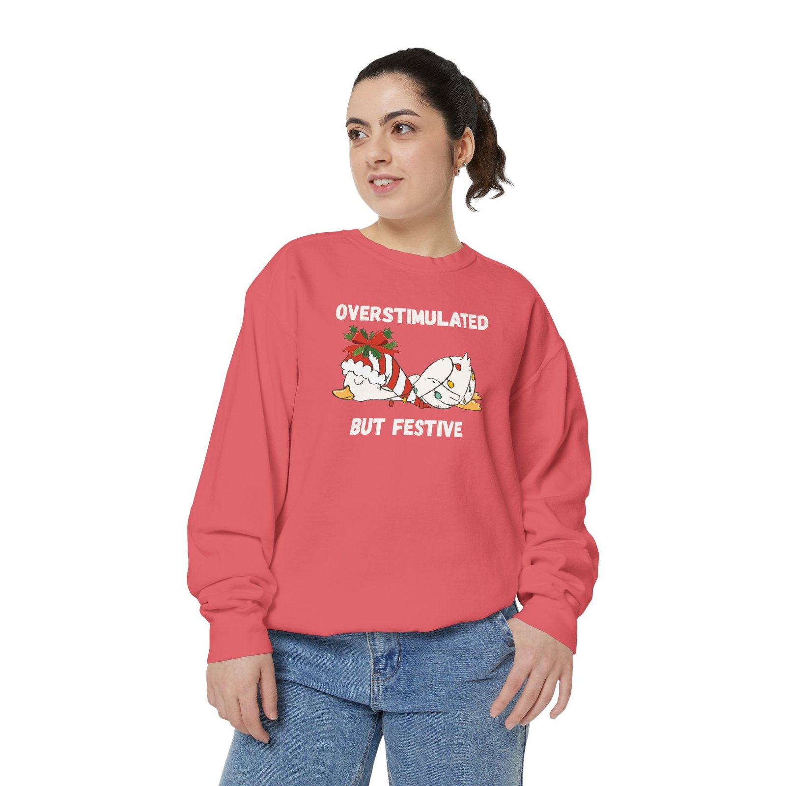 Overstimulated but Festive Crewneck Sweatshirt, Christmas Critters Wrapped in Lights - Image 80