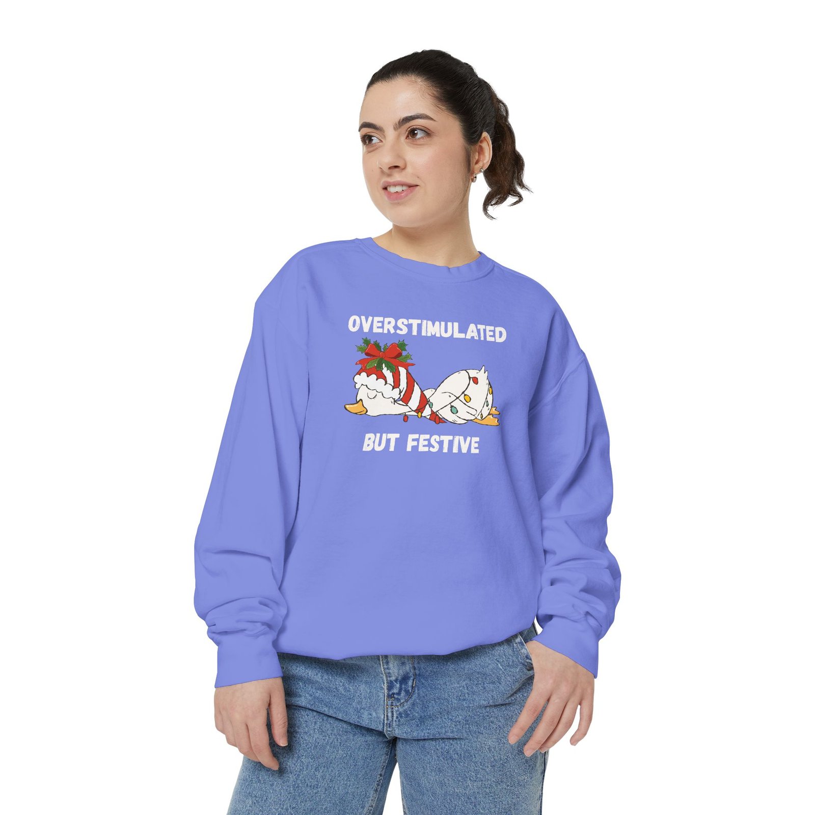 Overstimulated but Festive Crewneck Sweatshirt, Christmas Critters Wrapped in Lights - Image 60