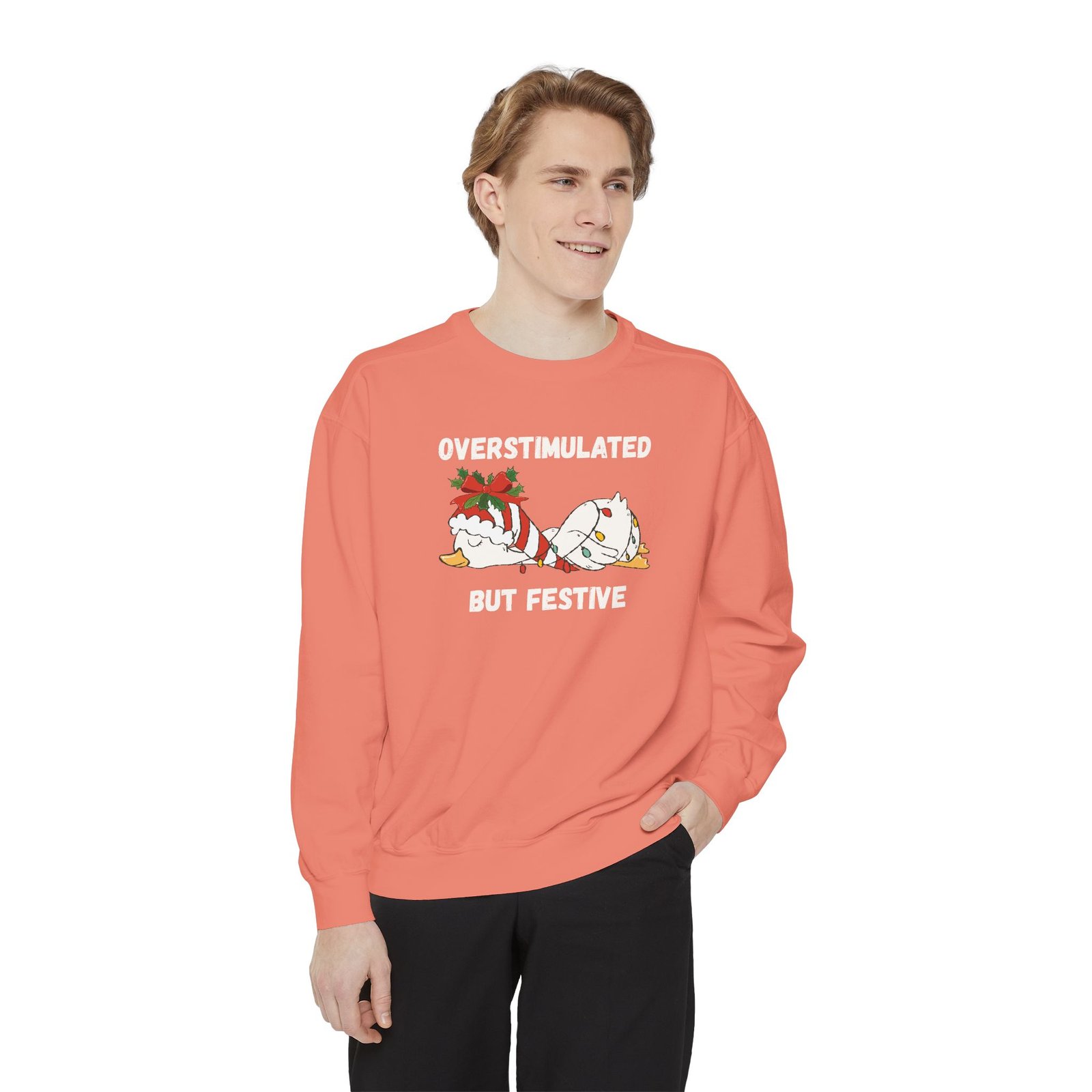 Overstimulated but Festive Crewneck Sweatshirt, Christmas Critters Wrapped in Lights - Image 8