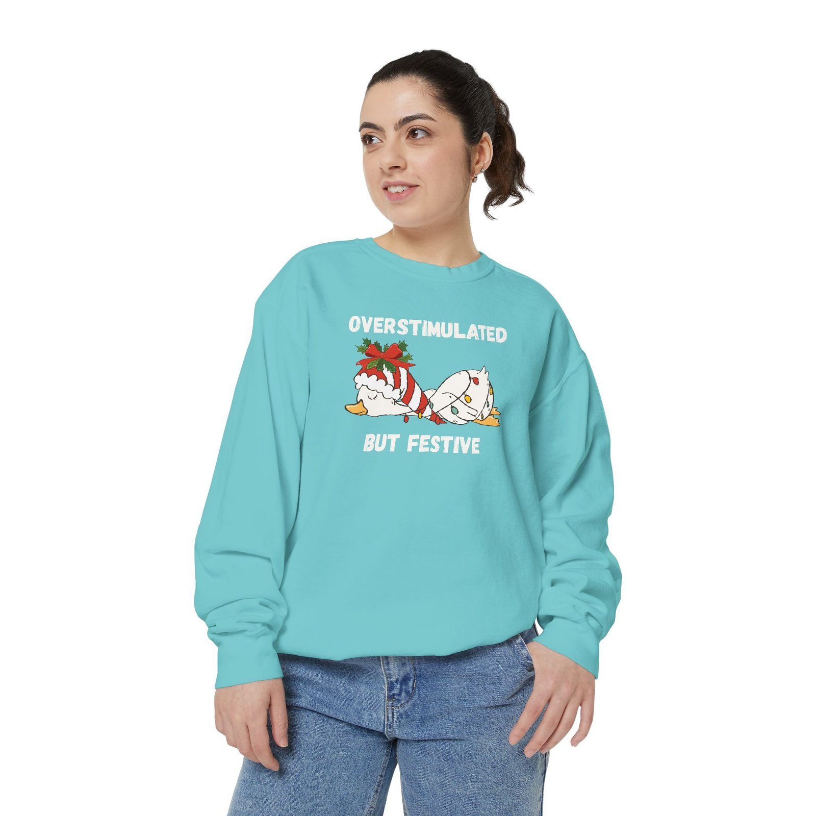 Overstimulated but Festive Crewneck Sweatshirt, Christmas Critters Wrapped in Lights - Image 30
