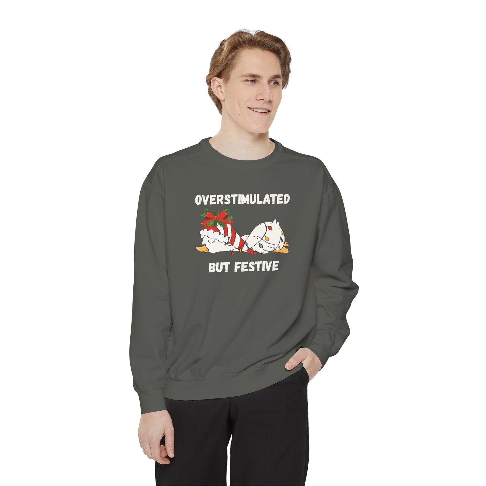 Overstimulated but Festive Crewneck Sweatshirt, Christmas Critters Wrapped in Lights - Image 18