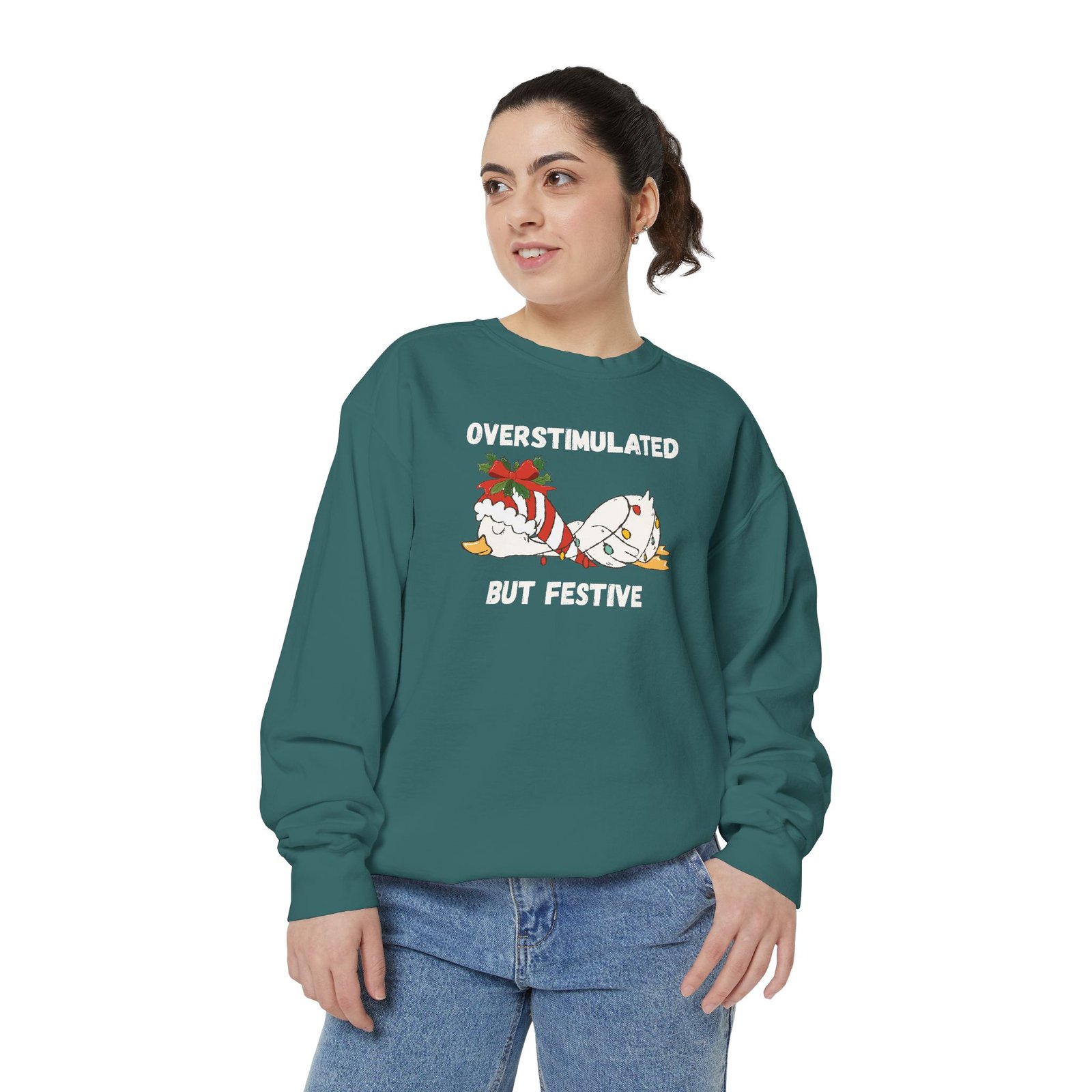 Overstimulated but Festive Crewneck Sweatshirt, Christmas Critters Wrapped in Lights - Image 40