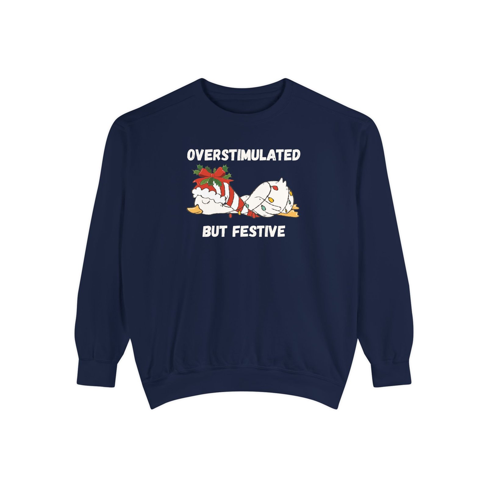 Overstimulated but Festive Crewneck Sweatshirt, Christmas Critters Wrapped in Lights - Image 2