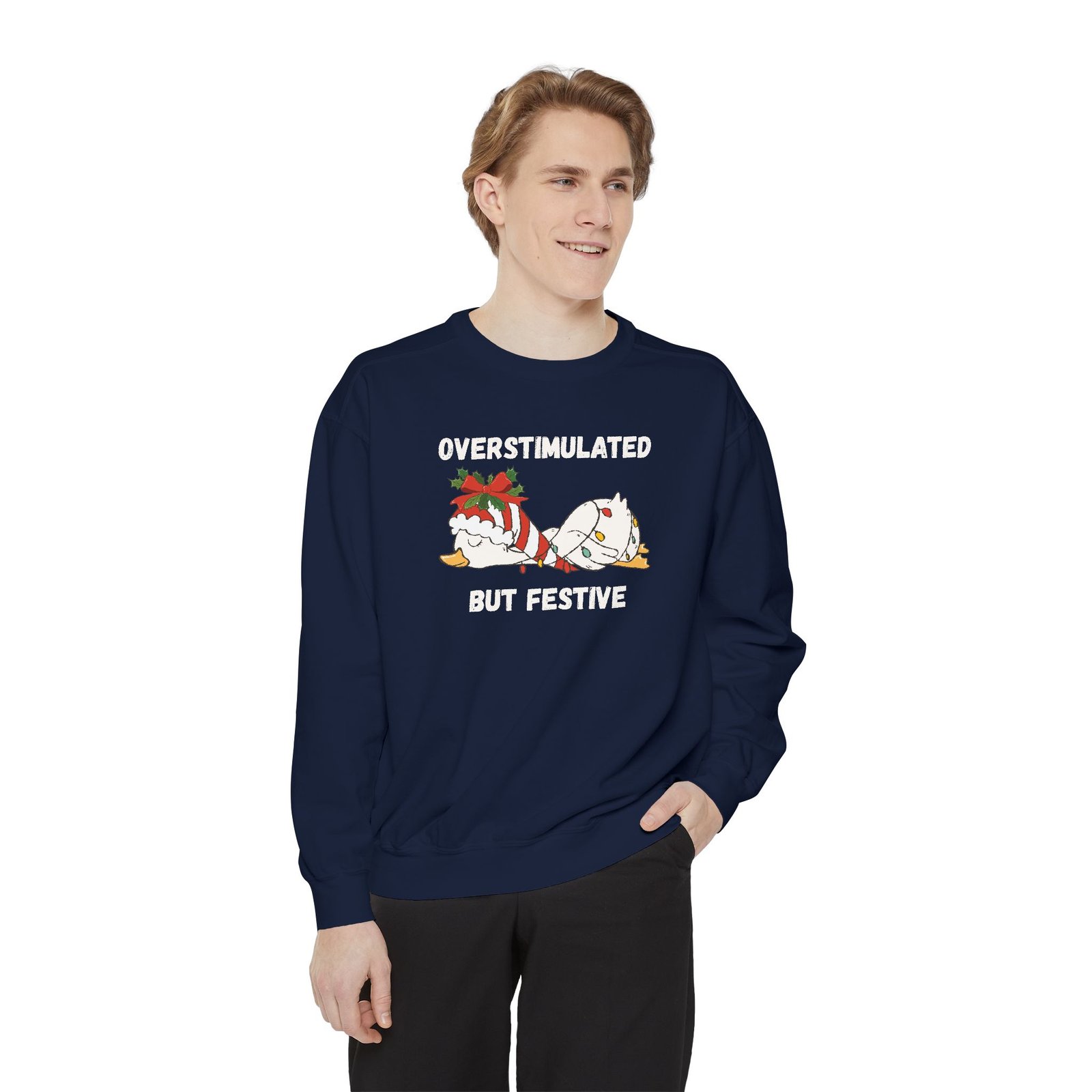 Overstimulated but Festive Crewneck Sweatshirt, Christmas Critters Wrapped in Lights - Image 4