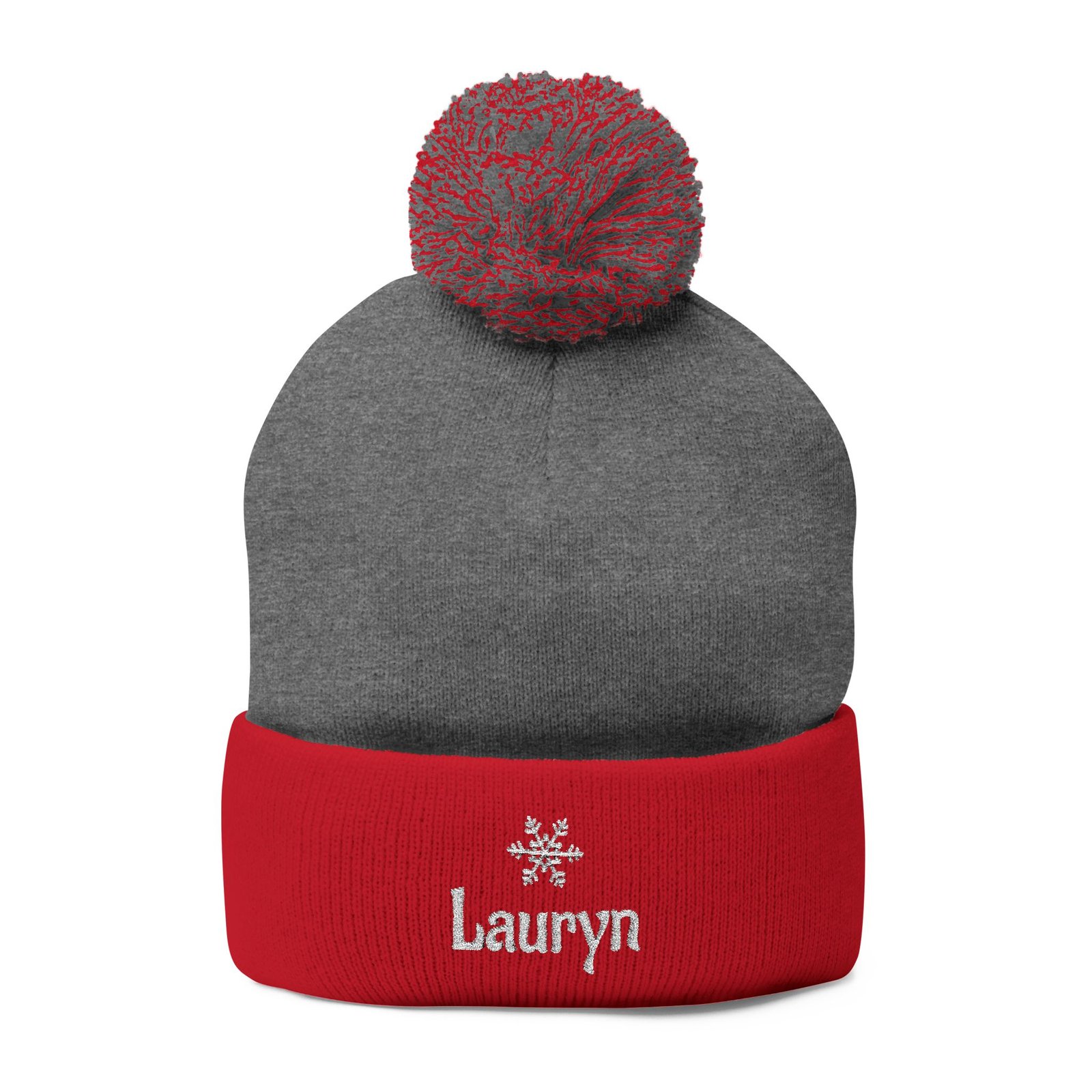 Embroidered Snowflake Name Pom-Pom Beanie | Knit Cap - Image 2