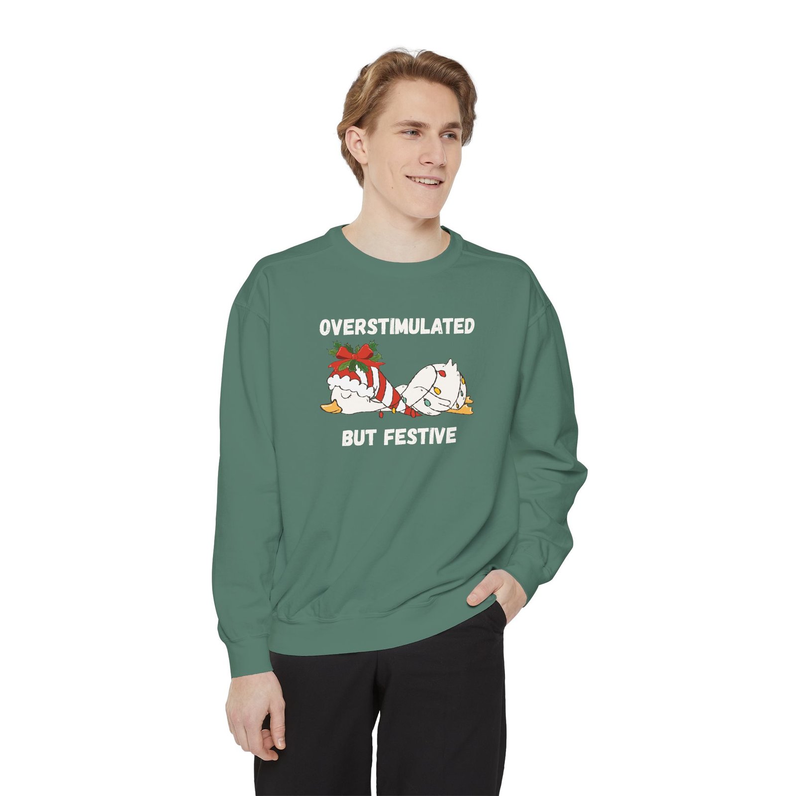 Overstimulated but Festive Crewneck Sweatshirt, Christmas Critters Wrapped in Lights - Image 33