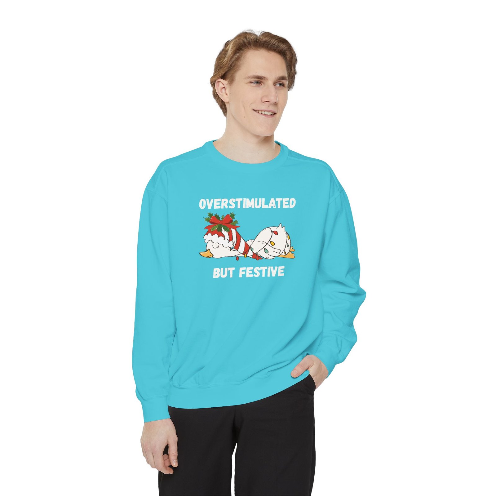 Overstimulated but Festive Crewneck Sweatshirt, Christmas Critters Wrapped in Lights - Image 53