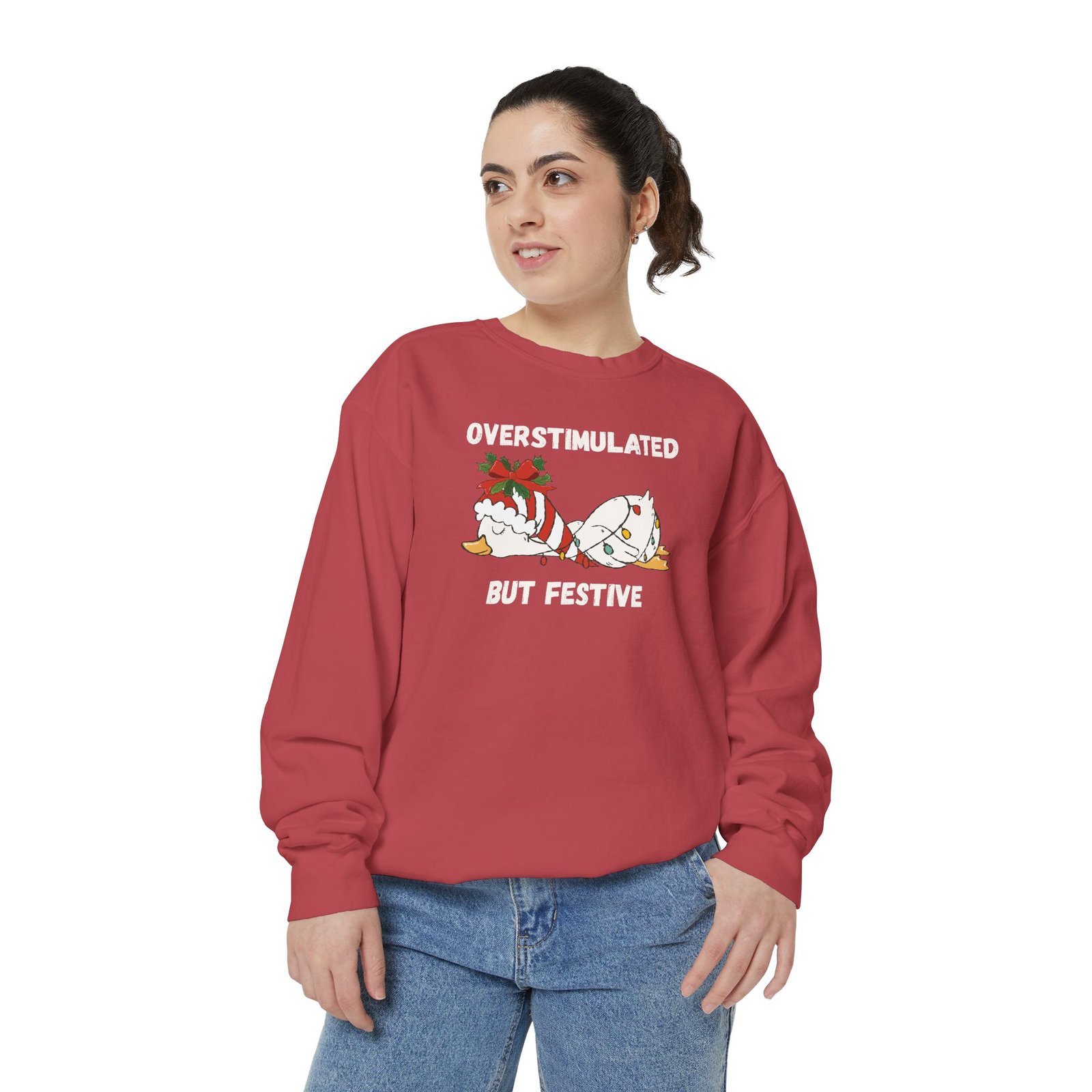 Overstimulated but Festive Crewneck Sweatshirt, Christmas Critters Wrapped in Lights - Image 85