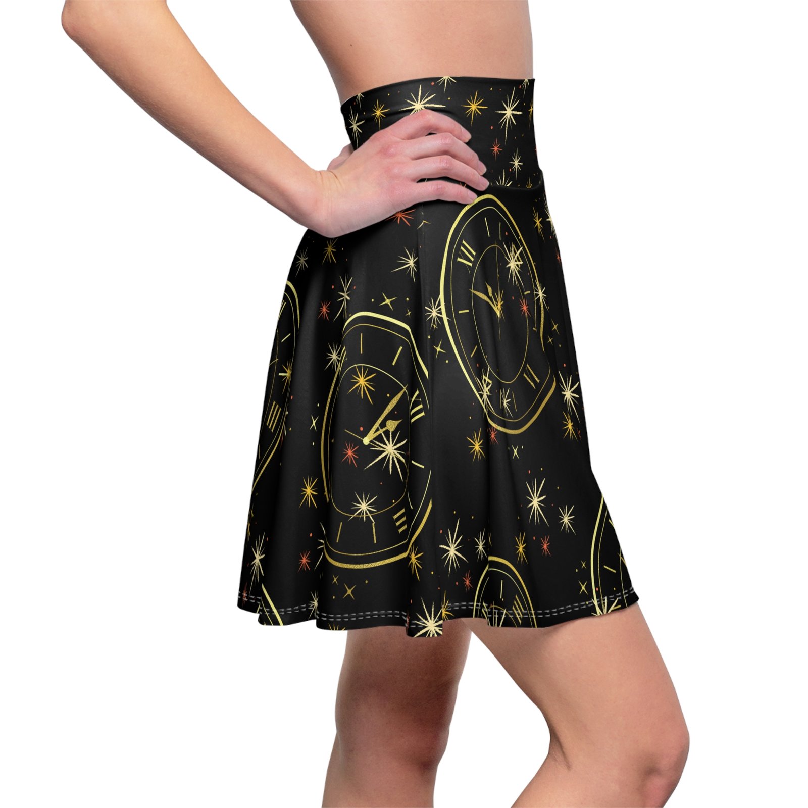 New Year Countdown Clock Skater Skirt | Black Gold Confetti - Image 7