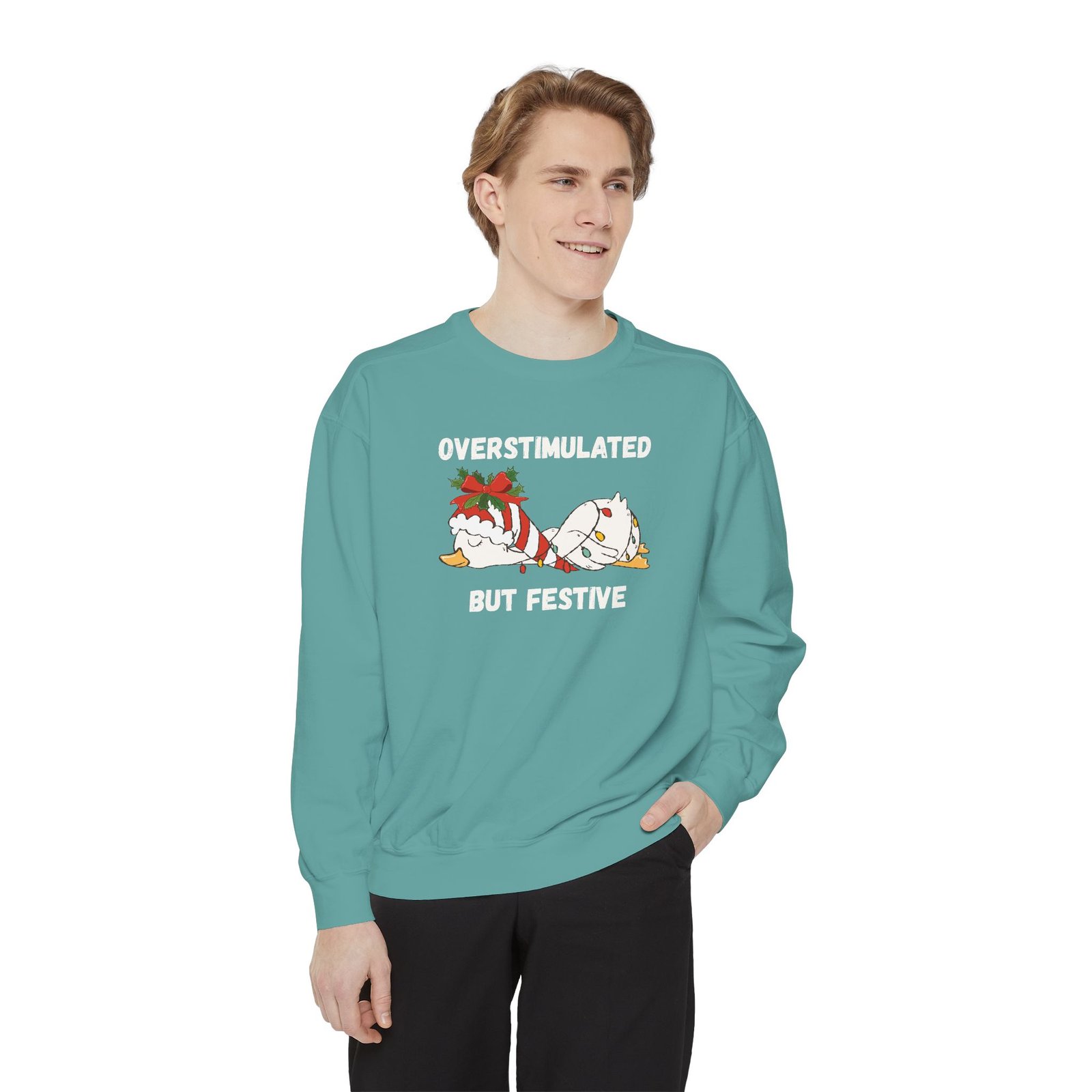 Overstimulated but Festive Crewneck Sweatshirt, Christmas Critters Wrapped in Lights - Image 43