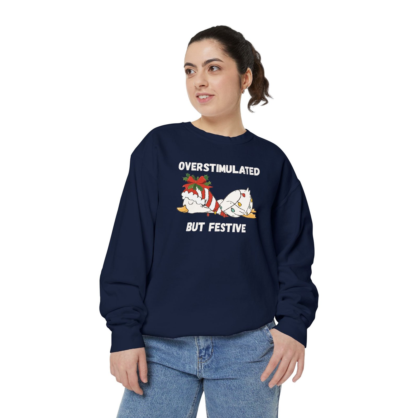 Overstimulated but Festive Crewneck Sweatshirt, Christmas Critters Wrapped in Lights