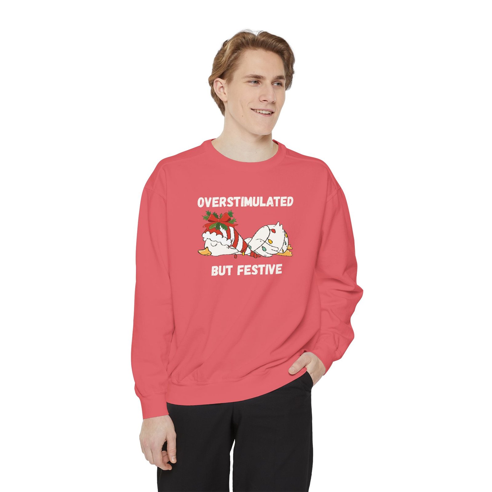 Overstimulated but Festive Crewneck Sweatshirt, Christmas Critters Wrapped in Lights - Image 78