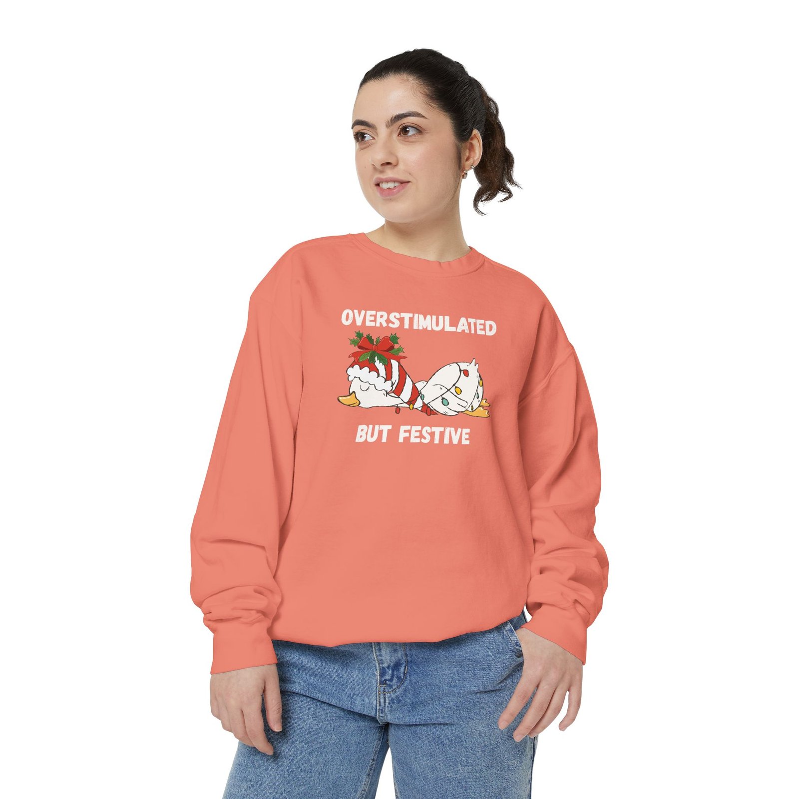 Overstimulated but Festive Crewneck Sweatshirt, Christmas Critters Wrapped in Lights - Image 10