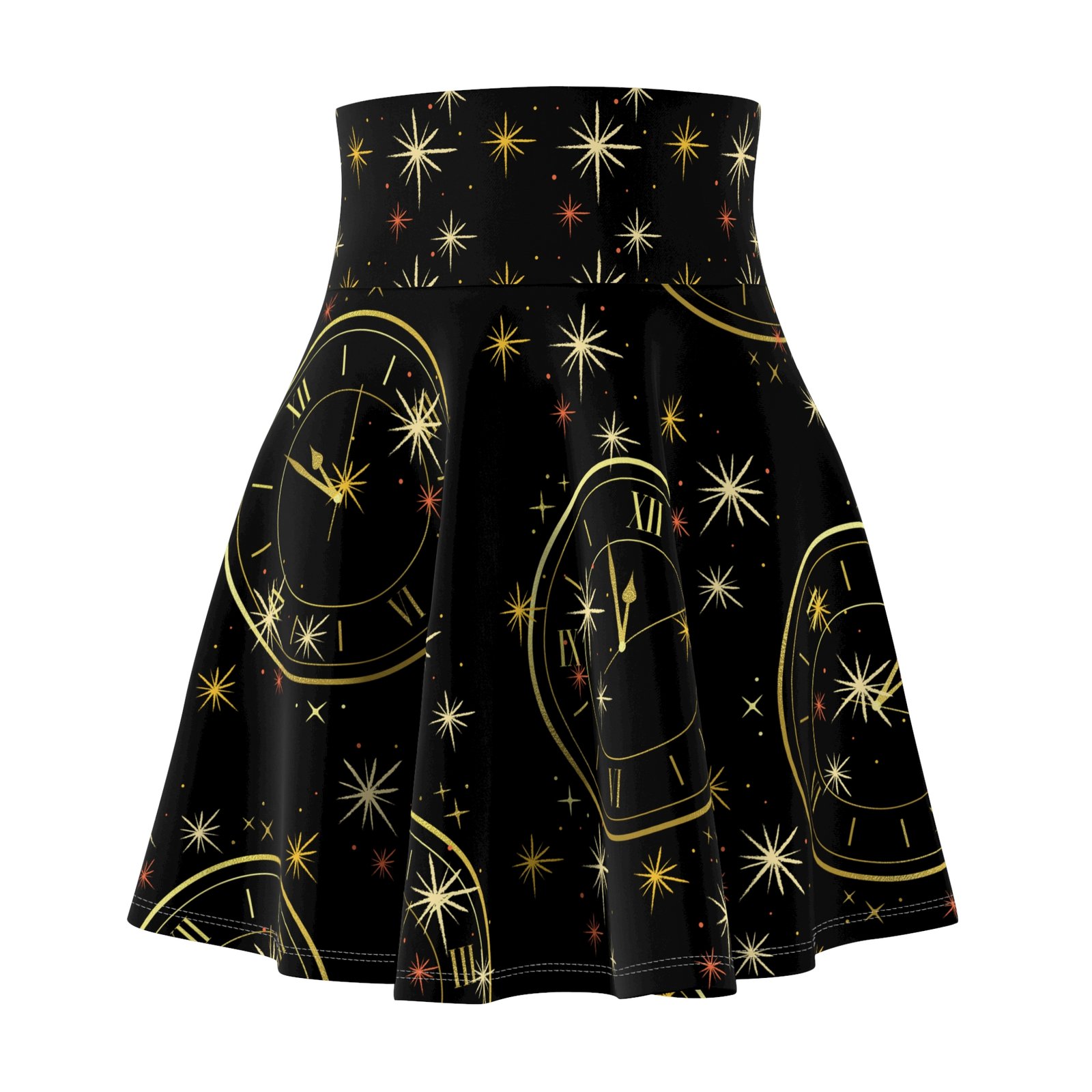New Year Countdown Clock Skater Skirt | Black Gold Confetti