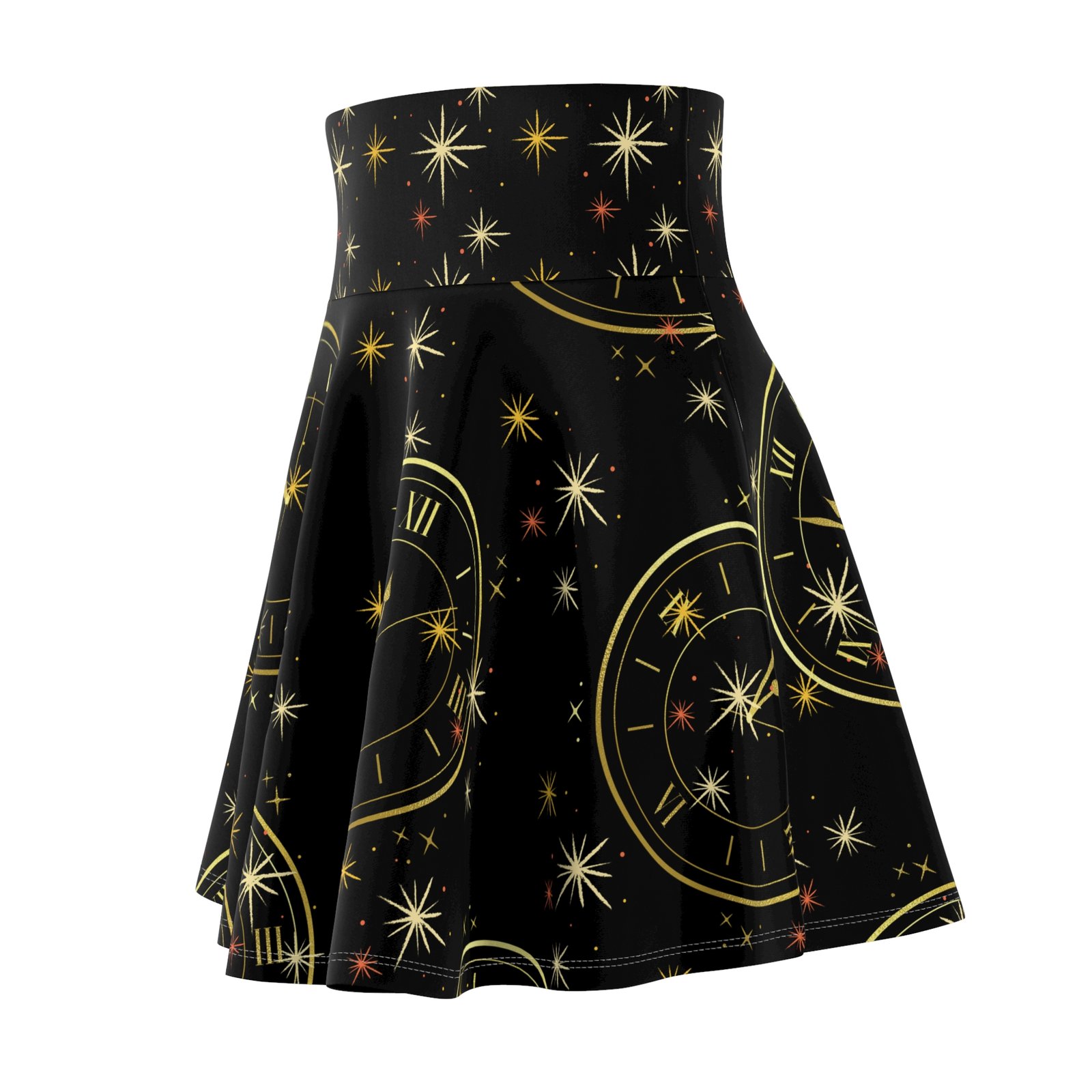 New Year Countdown Clock Skater Skirt | Black Gold Confetti - Image 3
