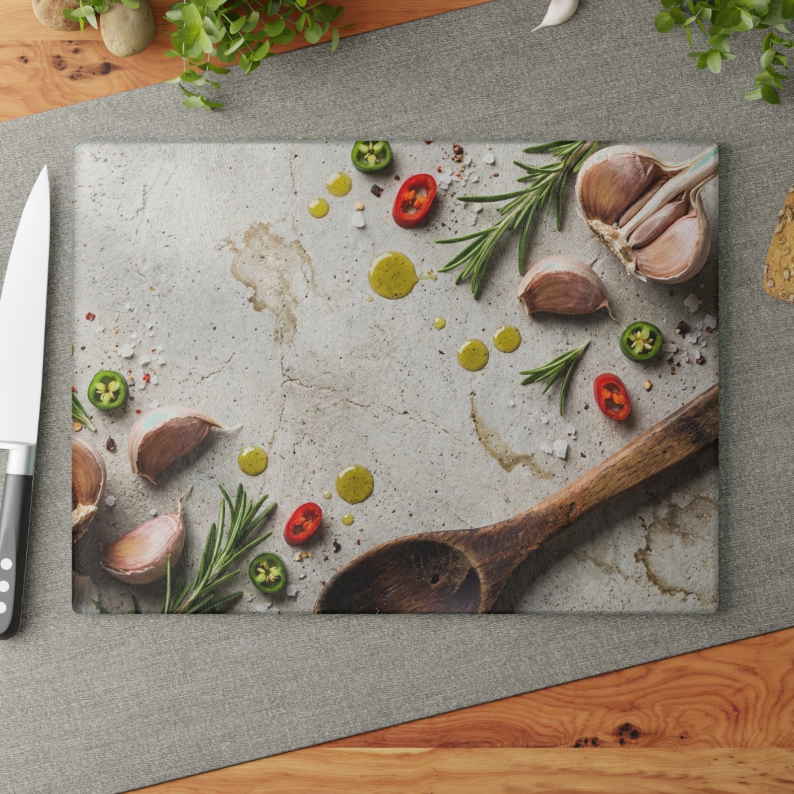 Rustic Garlic Rosemary Chili Glass Cutting Board | Kitchen Prep Serving Board - Image 8