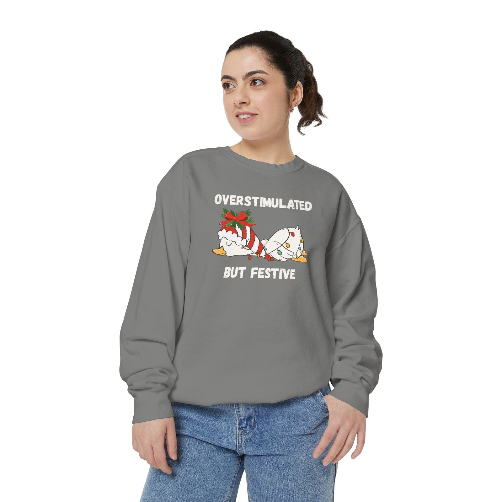 Overstimulated but Festive Crewneck Sweatshirt, Christmas Critters Wrapped in Lights - Image 25