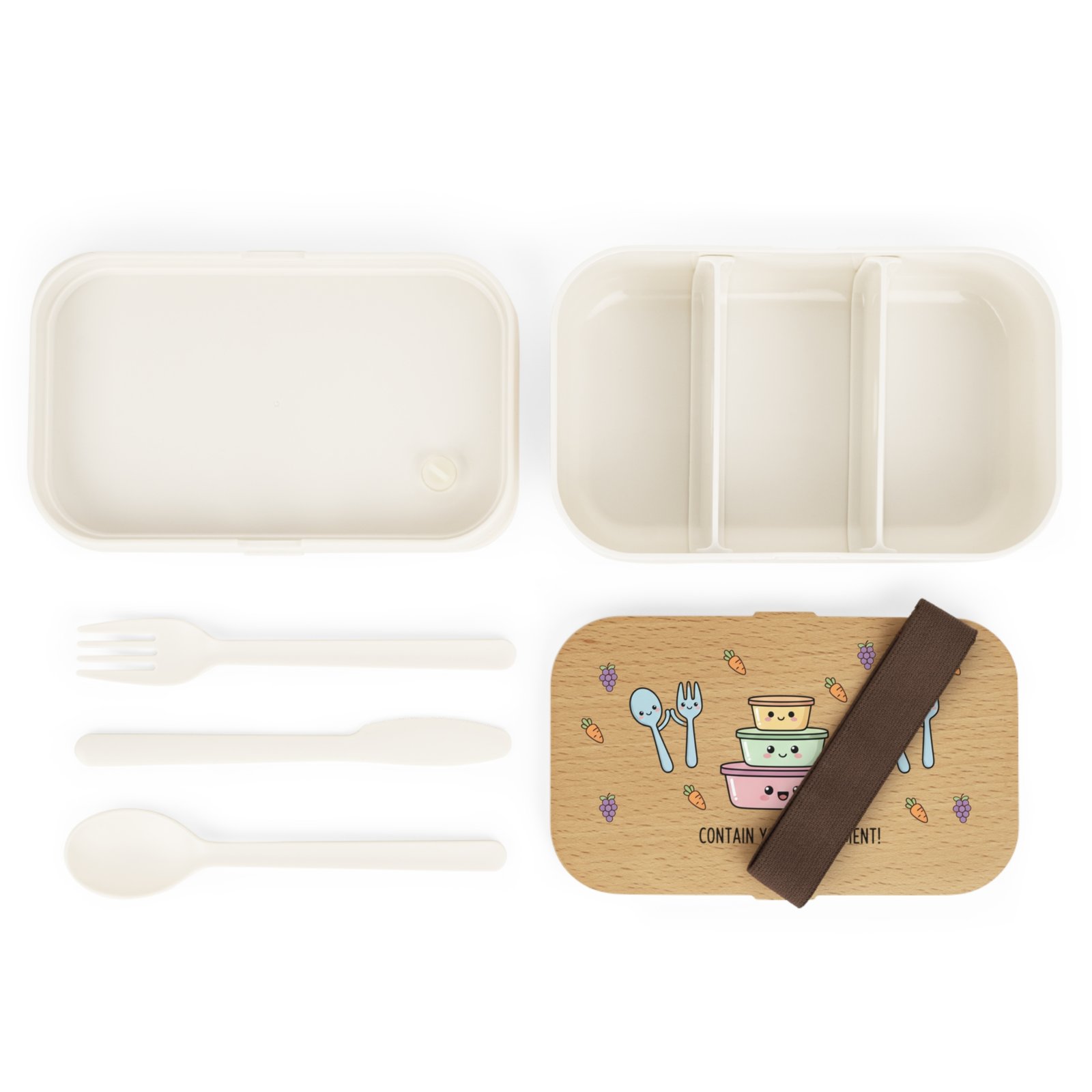 Contain Your Excitement Kawaii Bento Lunch Box | 3-Compartment Wood-Grain - Image 3