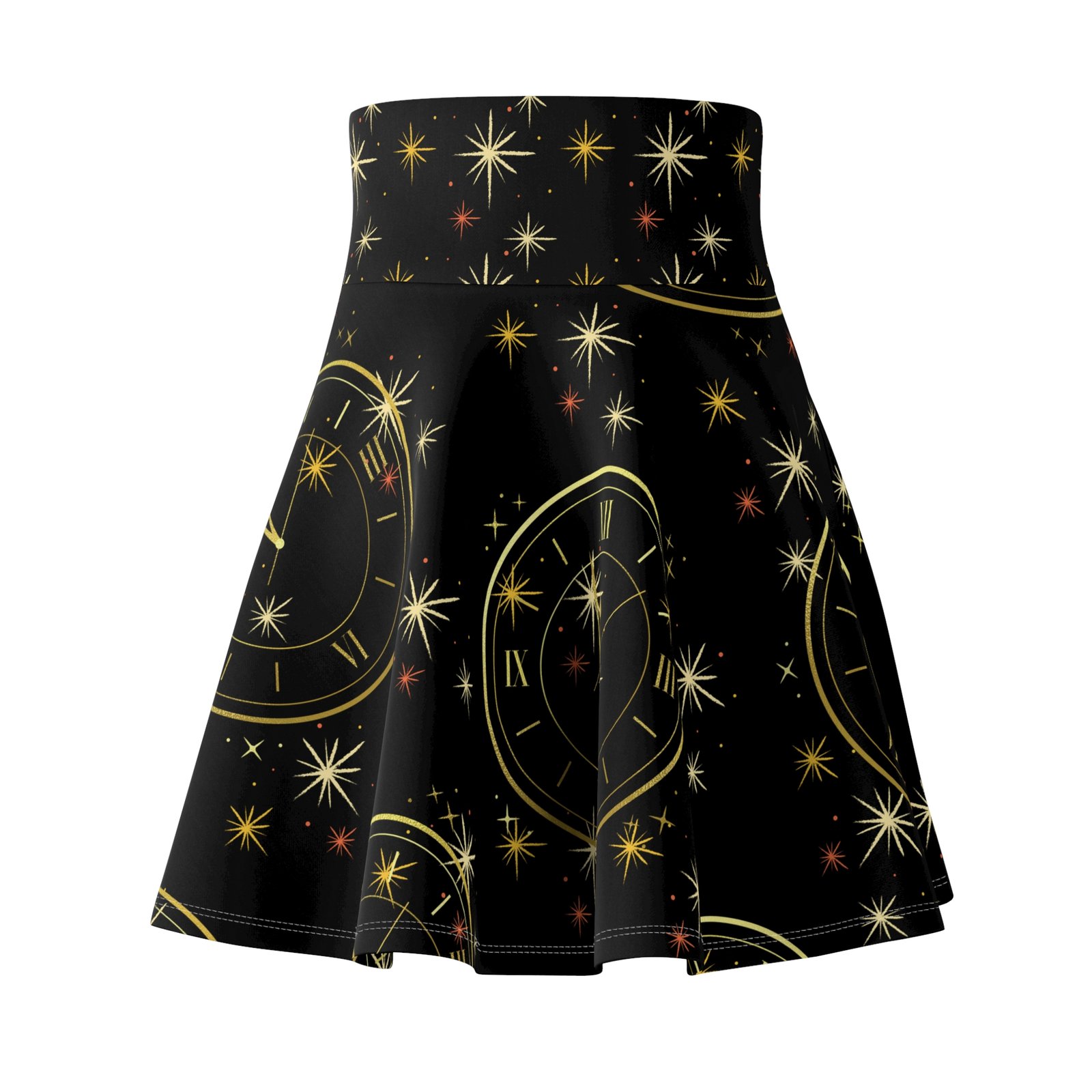 New Year Countdown Clock Skater Skirt | Black Gold Confetti - Image 2