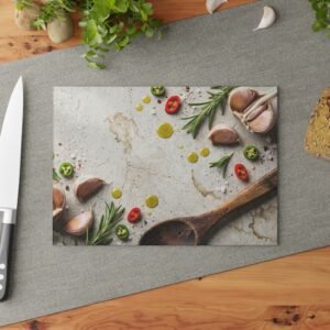 Rustic Garlic Rosemary Chili Glass Cutting Board | Kitchen Prep Serving Board
