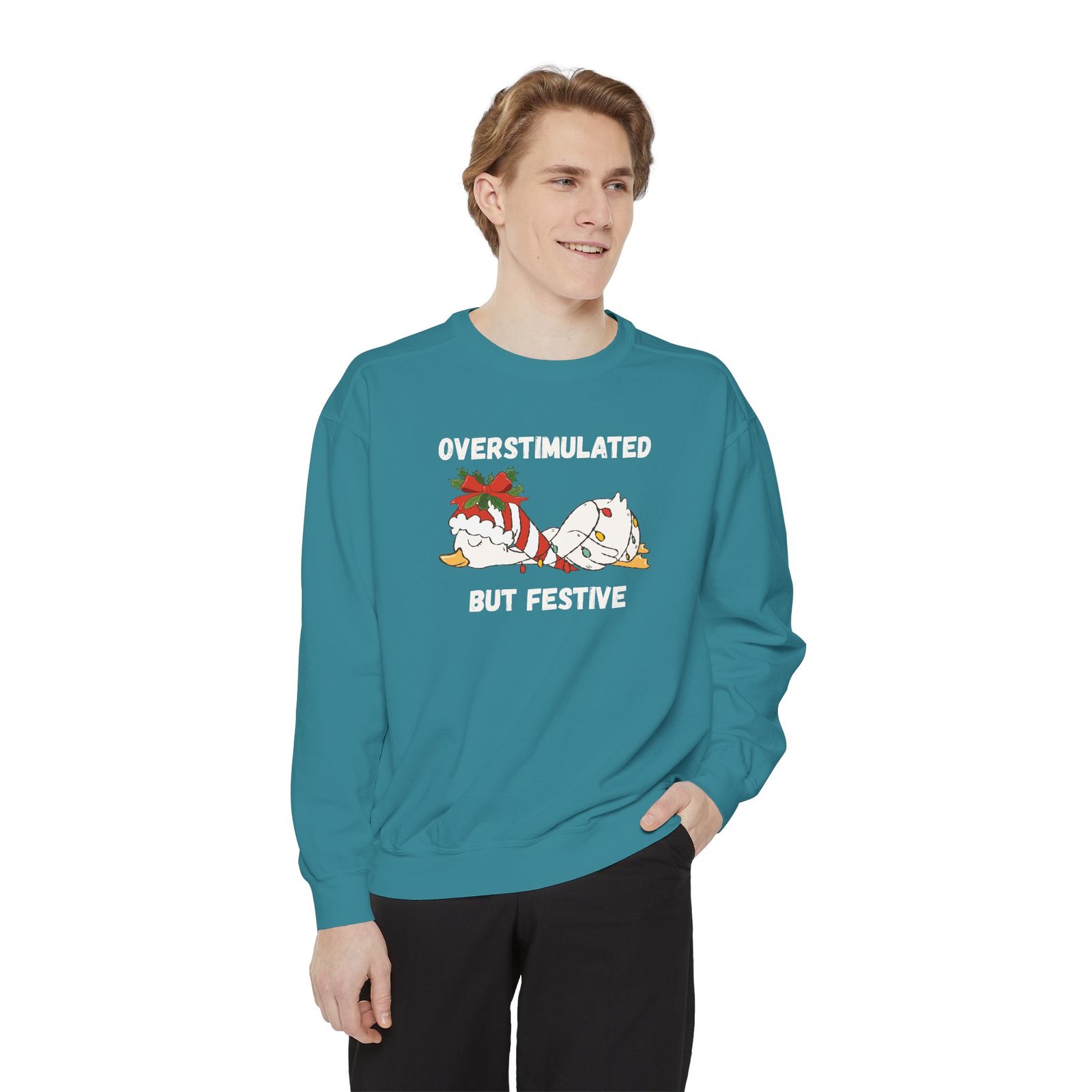 Overstimulated but Festive Crewneck Sweatshirt, Christmas Critters Wrapped in Lights - Image 48