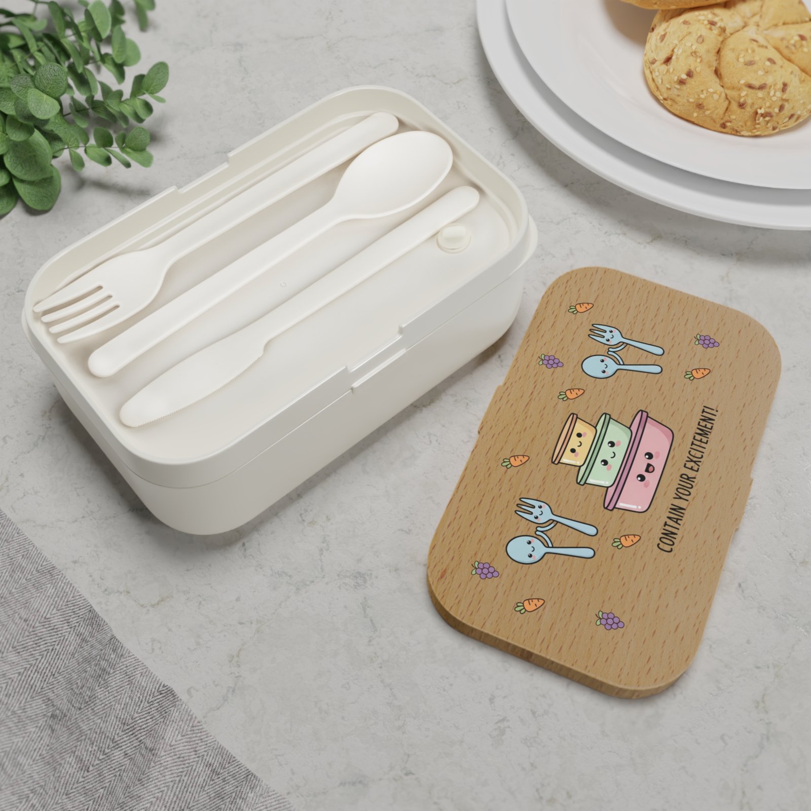 Contain Your Excitement Kawaii Bento Lunch Box | 3-Compartment Wood-Grain - Image 4