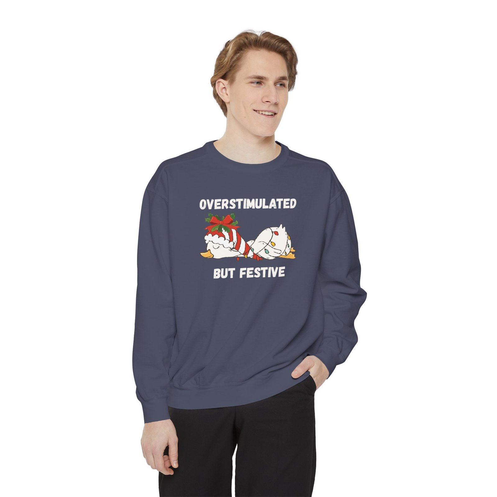 Overstimulated but Festive Crewneck Sweatshirt, Christmas Critters Wrapped in Lights - Image 68