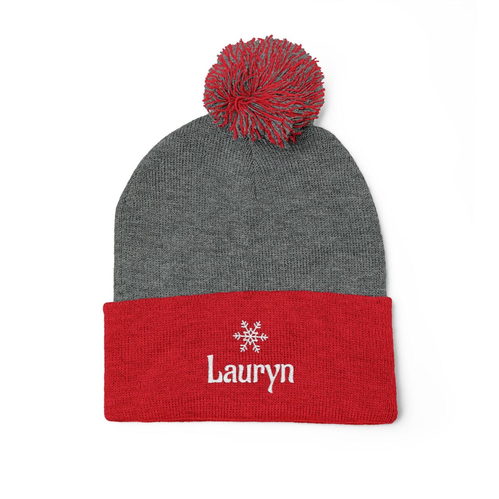 Embroidered Snowflake Name Pom-Pom Beanie | Knit Cap - Image 4