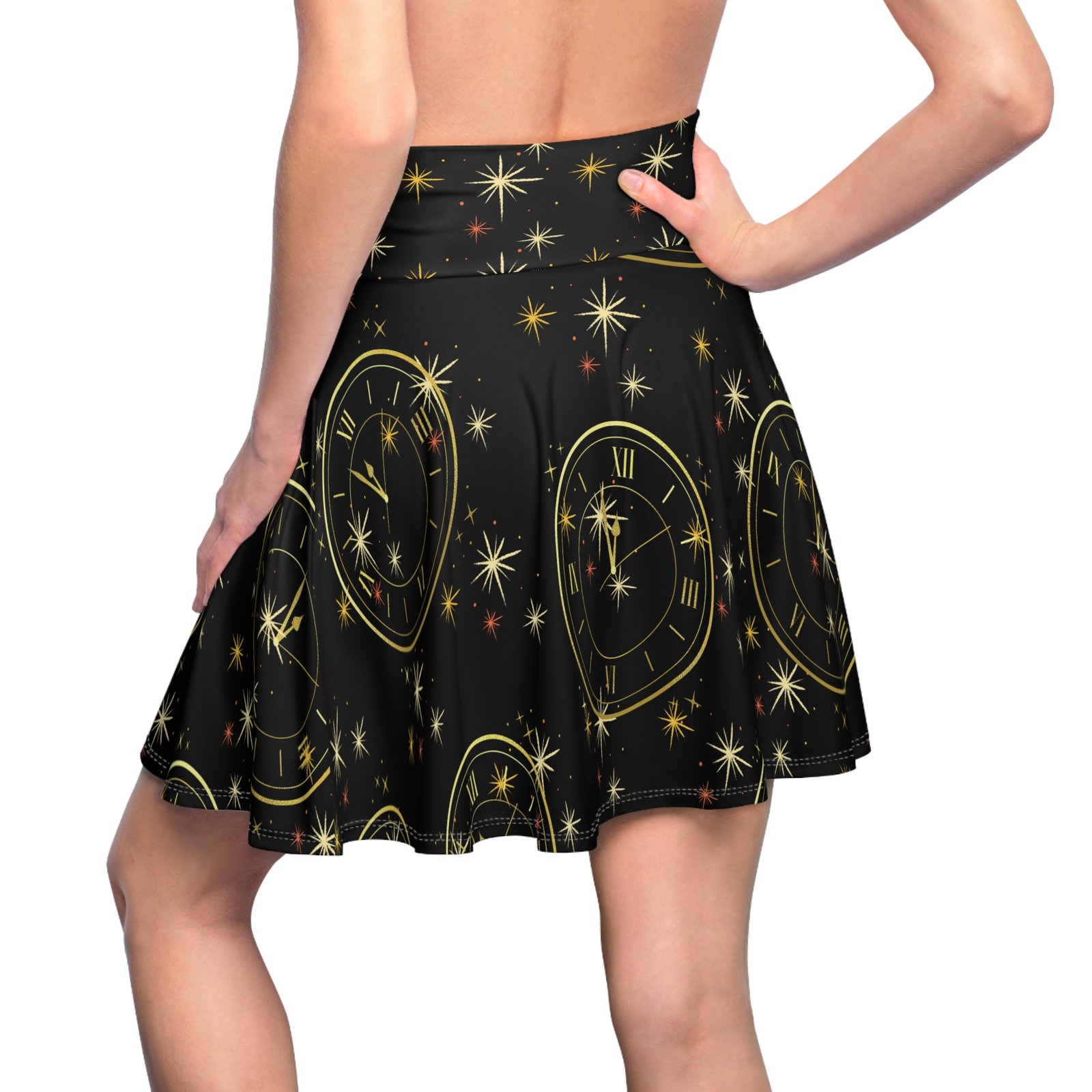 New Year Countdown Clock Skater Skirt | Black Gold Confetti - Image 6