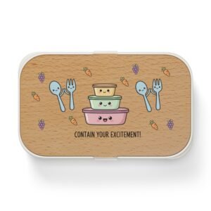 Contain Your Excitement Kawaii Bento Lunch Box | 3-Compartment Wood-Grain