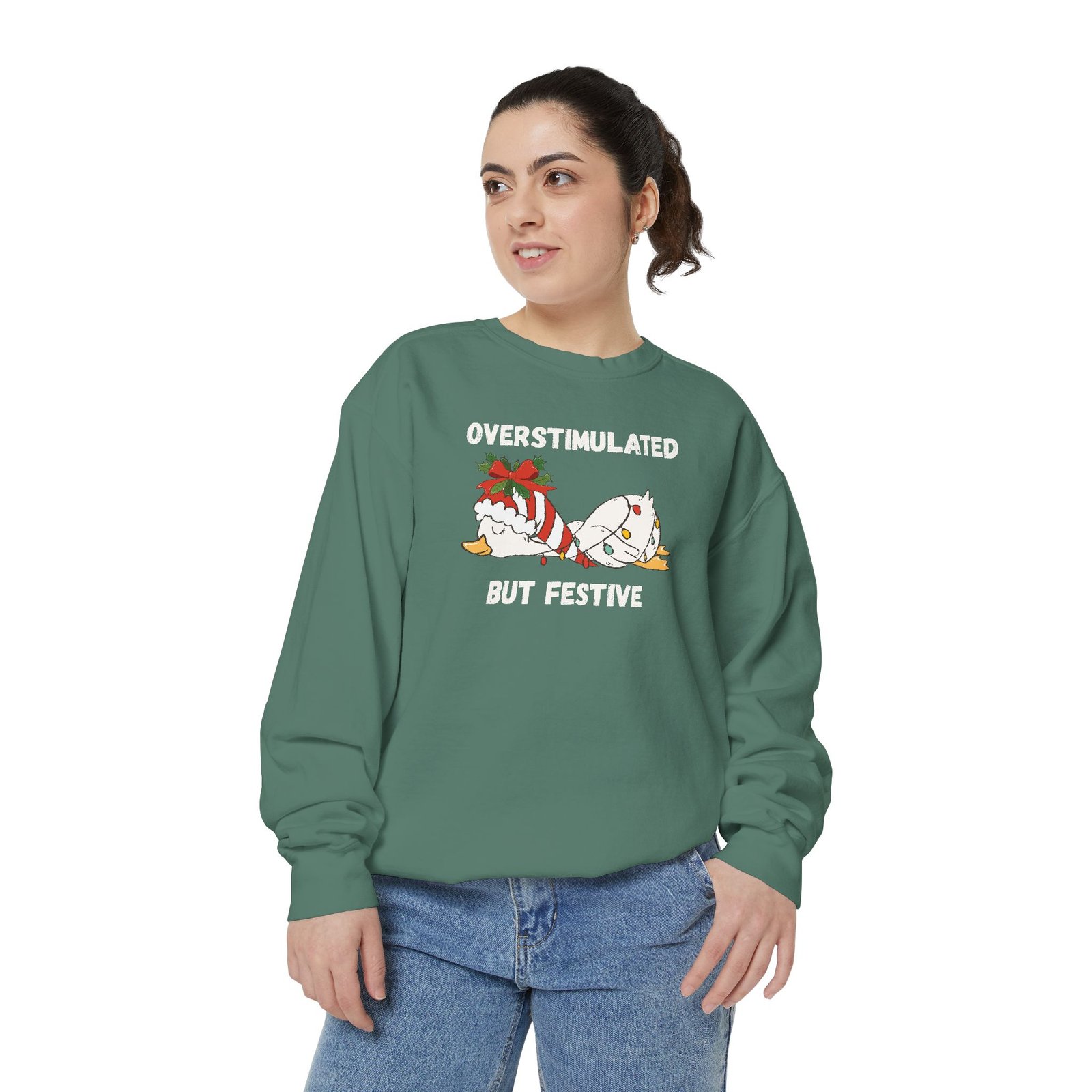 Overstimulated but Festive Crewneck Sweatshirt, Christmas Critters Wrapped in Lights - Image 35