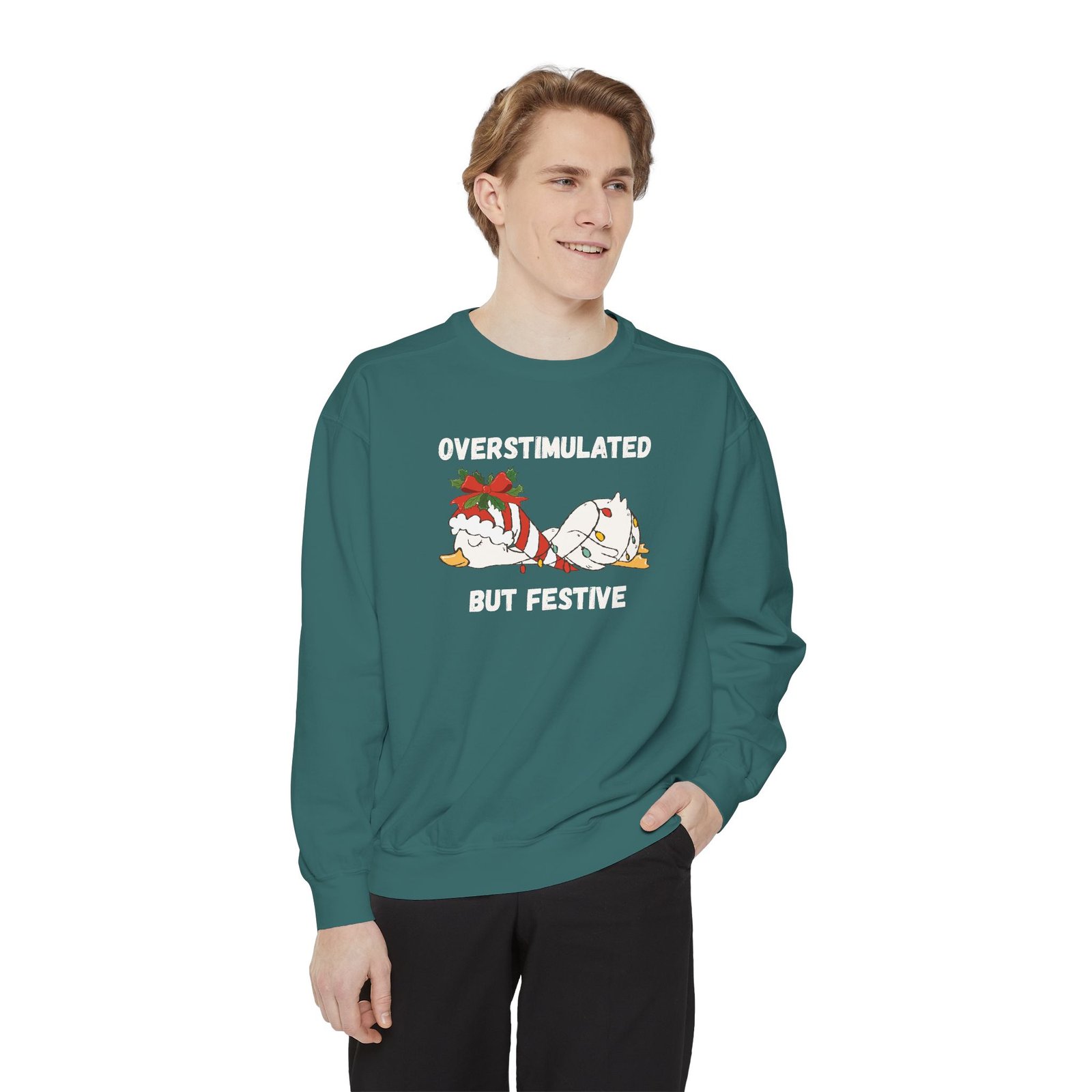 Overstimulated but Festive Crewneck Sweatshirt, Christmas Critters Wrapped in Lights - Image 38