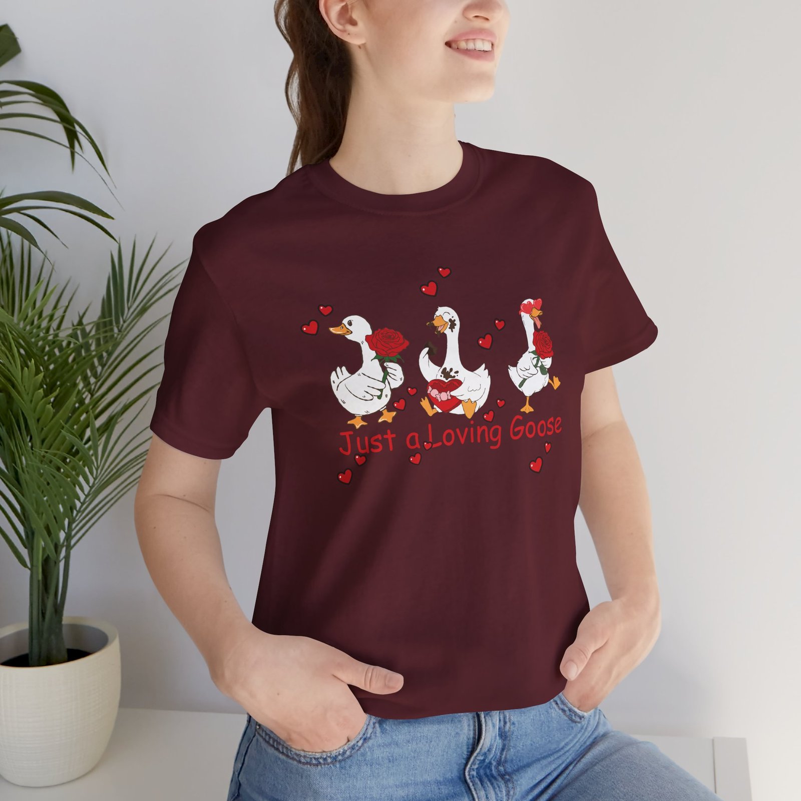 Just a Loving Goose Tee | Cute Goose Trio with Roses & Hearts - Image 79
