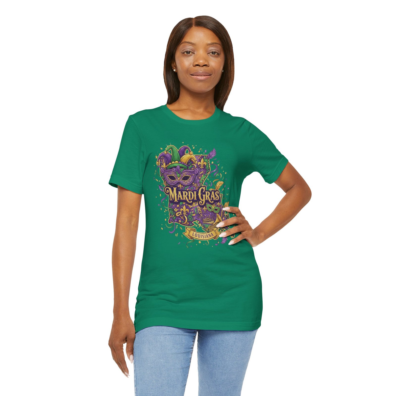 Louisiana Mardi Gras State Silhouette T-Shirt | Purple Green Gold - Image 84