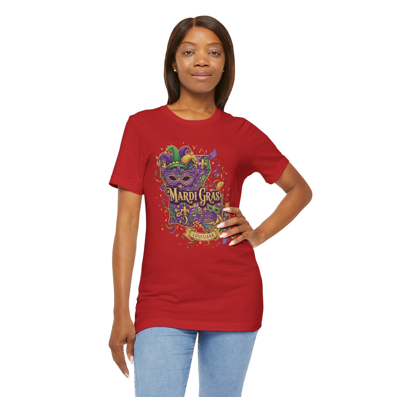 Louisiana Mardi Gras State Silhouette T-Shirt | Purple Green Gold - Image 238